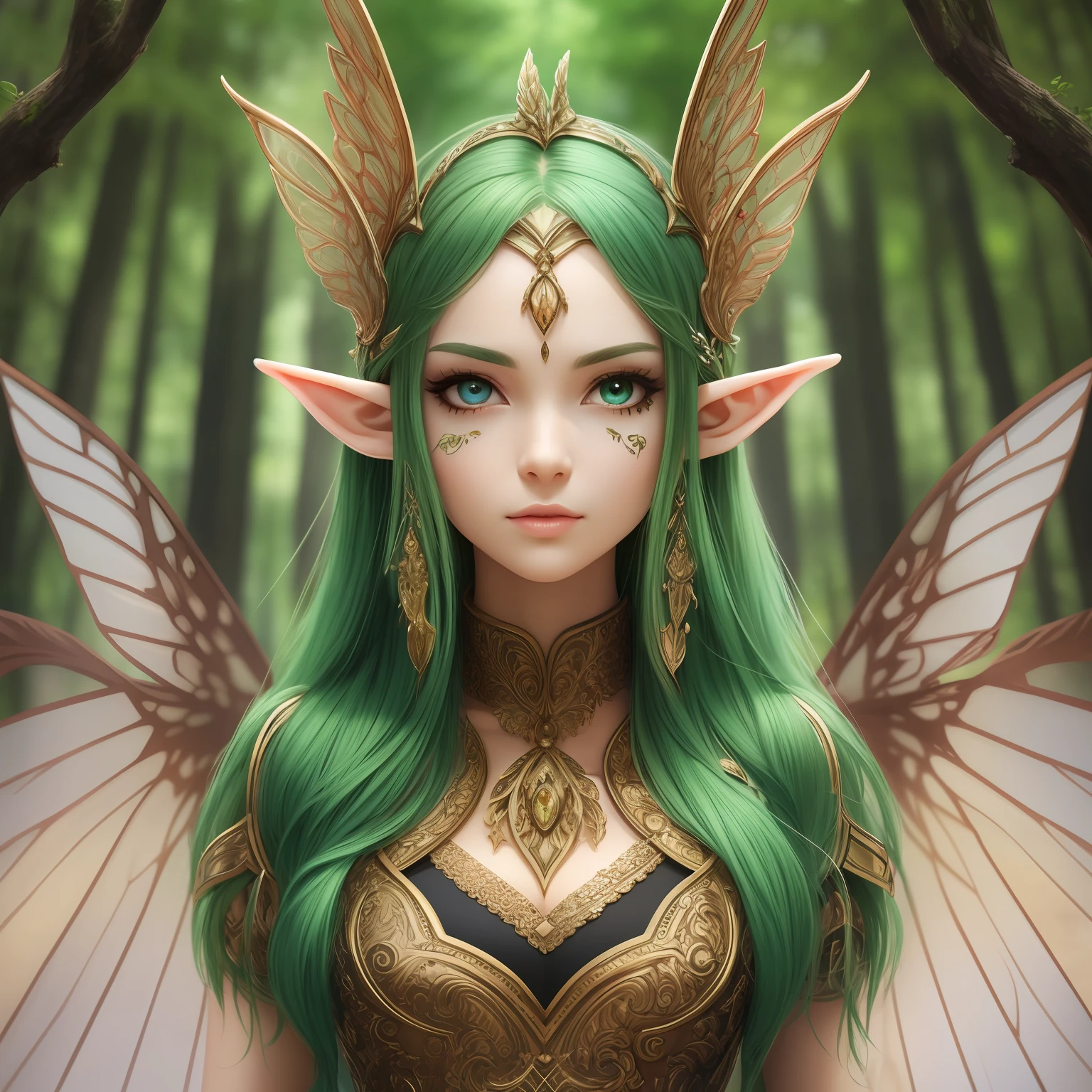 Full body portrait, Forest elf, (Best quality, 8K, Masterpiece: 1.3), green hair, petite body, (beautiful and detailed eyes), (super detail), (desktop wallpaper), (detailed face), ray glow, optical, panoramic illumination, atmospheric perspective, dawn, anti-aliasing: 5D, light painting, color, beautiful face, perfect body beauty: 1.4, clear facial features, symmetrical transparent wings, stunning details, simple attachment