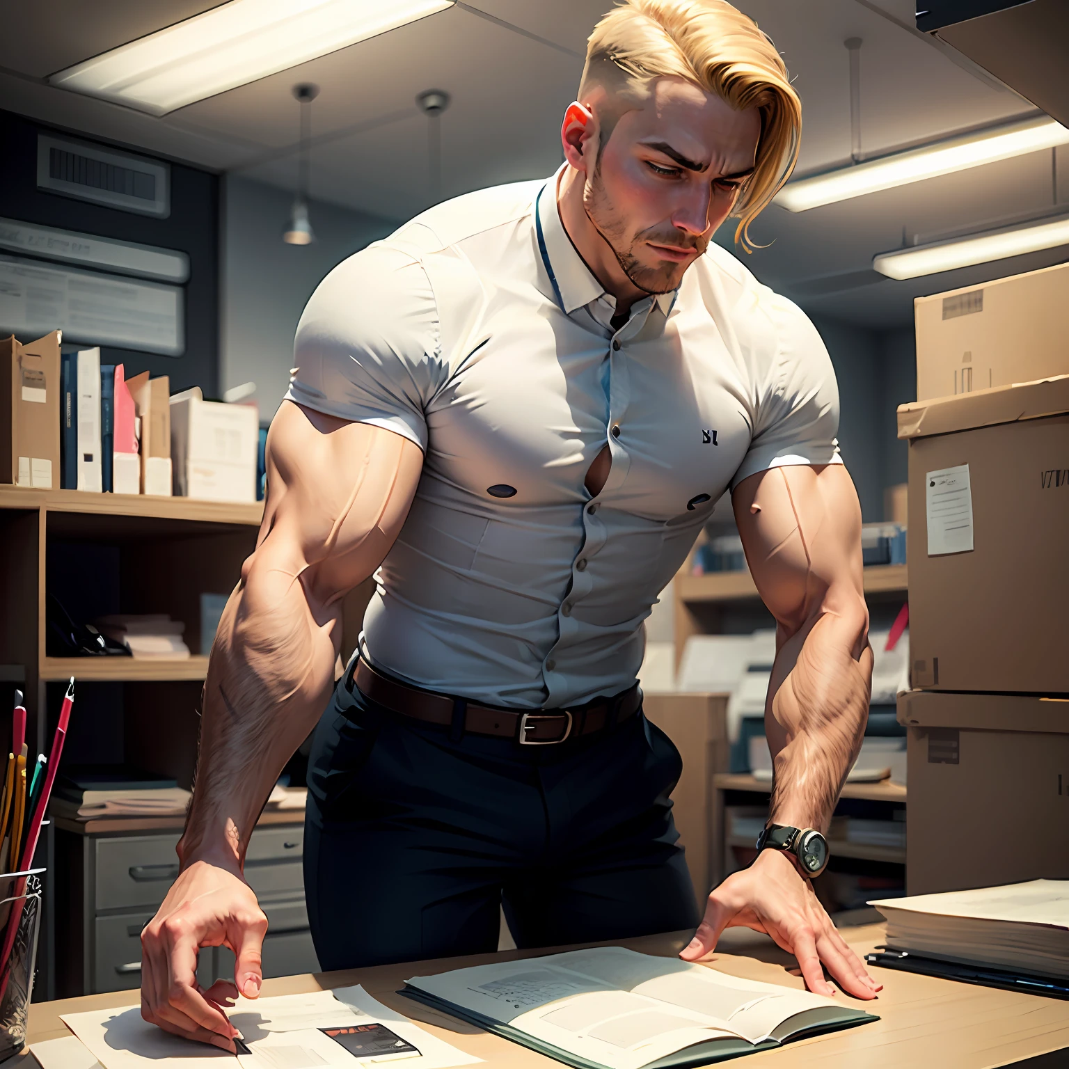 Blonde muscle man office worker Grab a book --auto