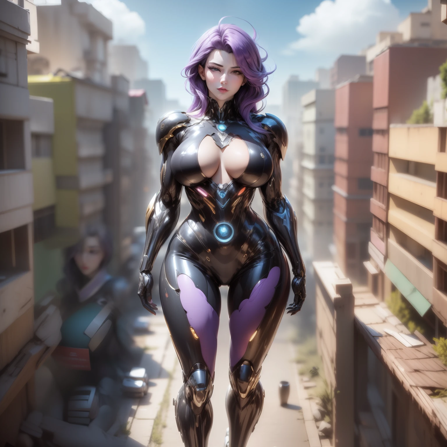 (Masterpiece, Superb Quality, Ultra Delicate, High Resolution), Male Focus, (((Transformed Man))), (Mechanized))), (She Has Long Blue or Purple Hair, Big Breasts, Slim), (Standing Pose), Posing for Photos, Looking Down, City Ruins, Background Details, (((Full Body))), From Above, Solo