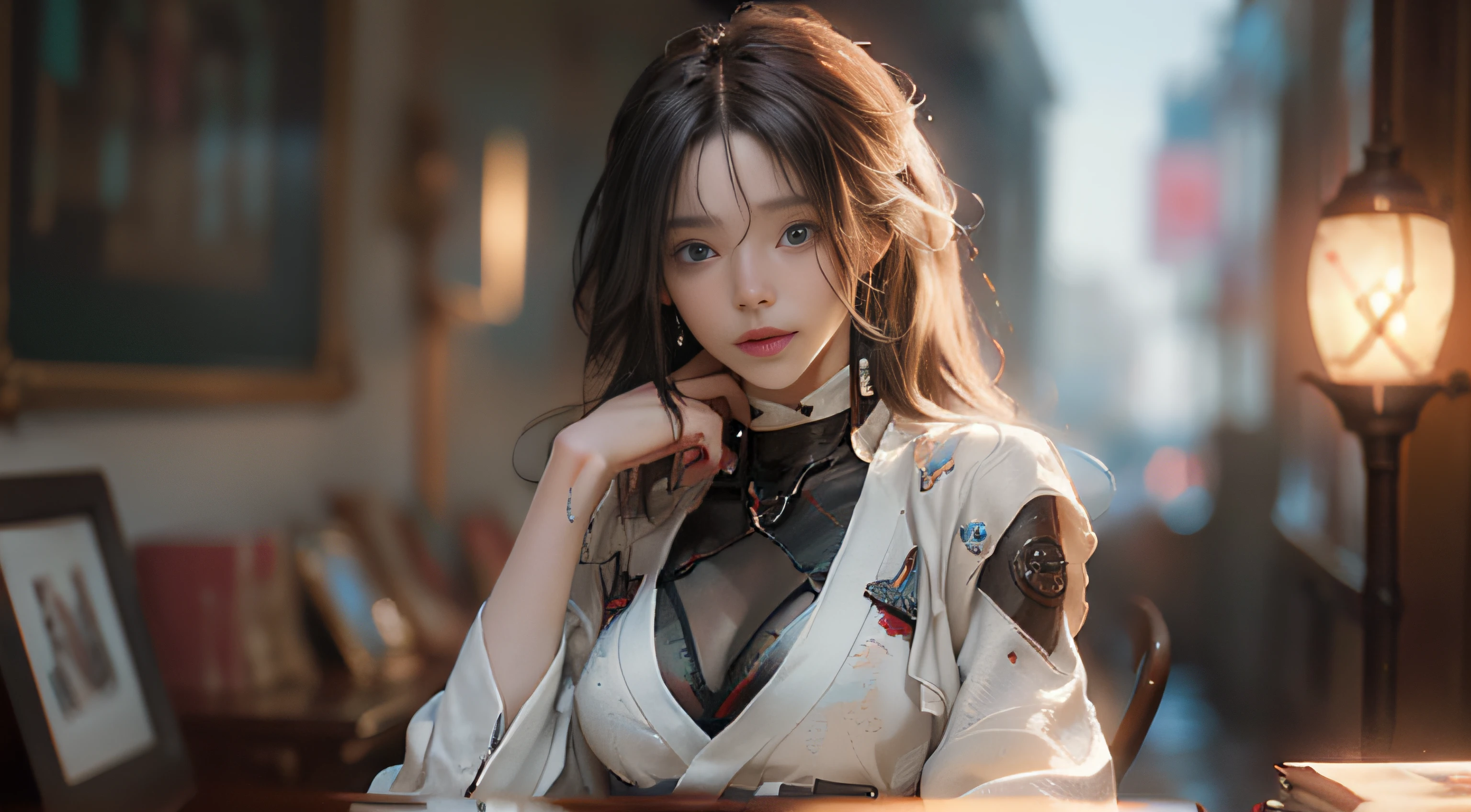 ((best best quality)), ((MasterPiece)), (Detail:1.4), 3D, A beautiful cyberpunk female image,HDR（high dynamic range）,RayTrace,nvidia rtx,The ultra-Resolution,Unreal 5,Subsurface scattering、pbr texturing、postprocessing、Anisotropic Filtering、depth offield、Maximum Clarity and Clarity、Many-Layer Textures、Albedo and Specular map、Surface coloring、Mitsu-Accurate simulation of material interactions、Perfect Scale、octanerendering、Two-colored light、large aperture、low ISO、white balance、Rule of Thirds、8K RAW、beautiful bright pupils，flowing robe，Fine pupils，Detailed face and eyes，Long Lashes，Blushlush，voluminous hair，Tender red lips