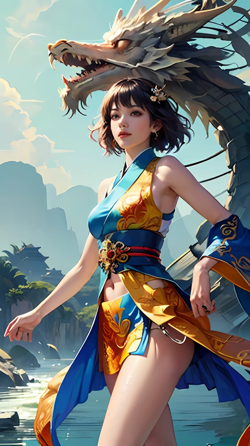 Official Art, Unified 8K Wallpapers, Ultra Detailed, Beautiful and Aesthetic, Masterpiece, Best Quality, (Zentangle, Tangle, Entangle), (fractal art: 1.4), 1girl, black hair, Chinese, bare shoulders, short skirt, calf, navel, very detailed, dynamic angle, cowboyshot, (most beautiful form chaos), flowing, (bright colors), oc, (half: 1.2), china, (thangka flying sky: 1.5), (ribbon: 1.3), (dream: 1.5), (hanfu: 1.5), Chinese dragon, Chinese phoenix, (smile: 0.5), (Chinese deity),
