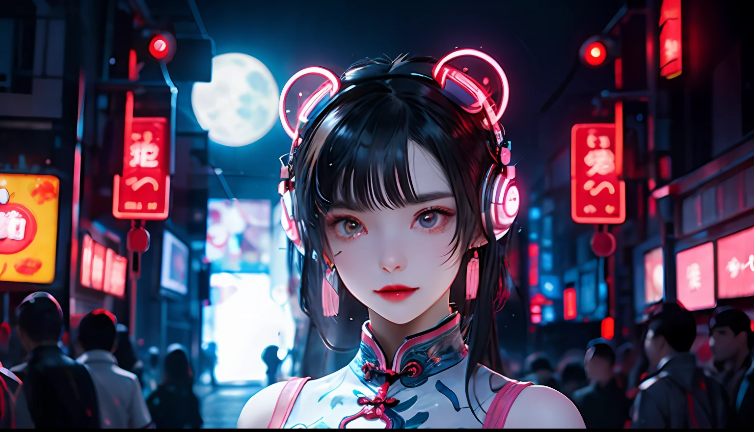 1 girl, Chinese_clothes, liquid silver and pink, cyberhan, cheongsam, cyberpunk city, dynamic pose, glowing headphones, glowing hair accessories, long hair, glowing earrings, glowing necklace, cyberpunk, high-tech city, full of mechanical and futuristic elements, futuristic, technology, glowing neon, pink, pink light, transparent tulle, transparent streamers, laser, digital background urban sky, big moon, with vehicles, best quality, masterpiece, 8K, character edge light, Super high detail, high quality, the most beautiful woman in human beings, smiling slightly, face facing front and left and right symmetry, ear decoration, beautiful pupil light effects, visual data, silver-white hair, hair is not messy, long hair over the waist, luminous electronic watch, deep eyes, happy, English doodling