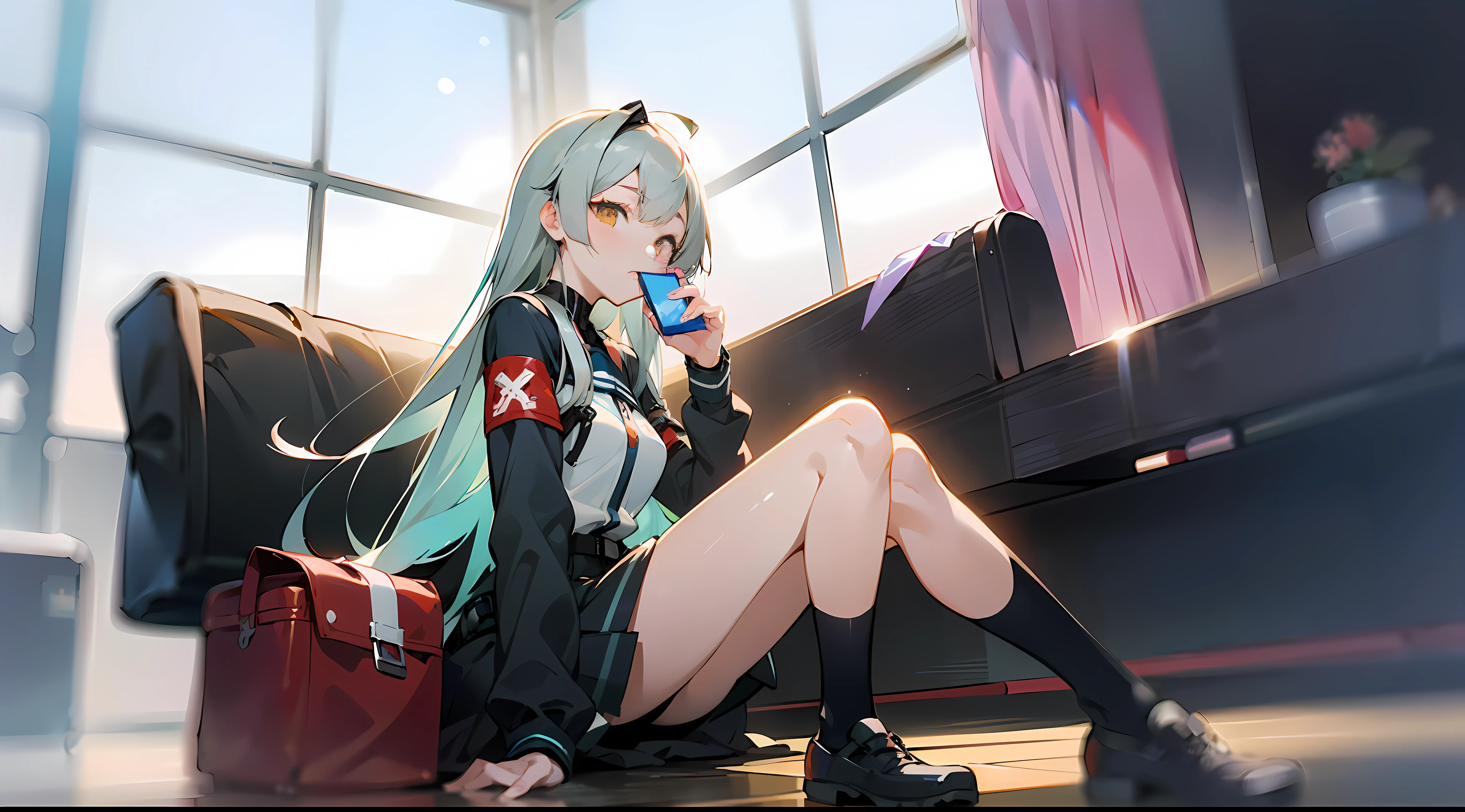 anime girl sitting on the floor with a bag and a cell phone, anime moe artstyle, kantai collection style, anime visual of a cute girl, from girls frontline, marin kitagawa fanart, girls frontline style, anime girl with long hair, smooth anime cg art, young anime girl, ilya kuvshinov with long hair, (anime girl)