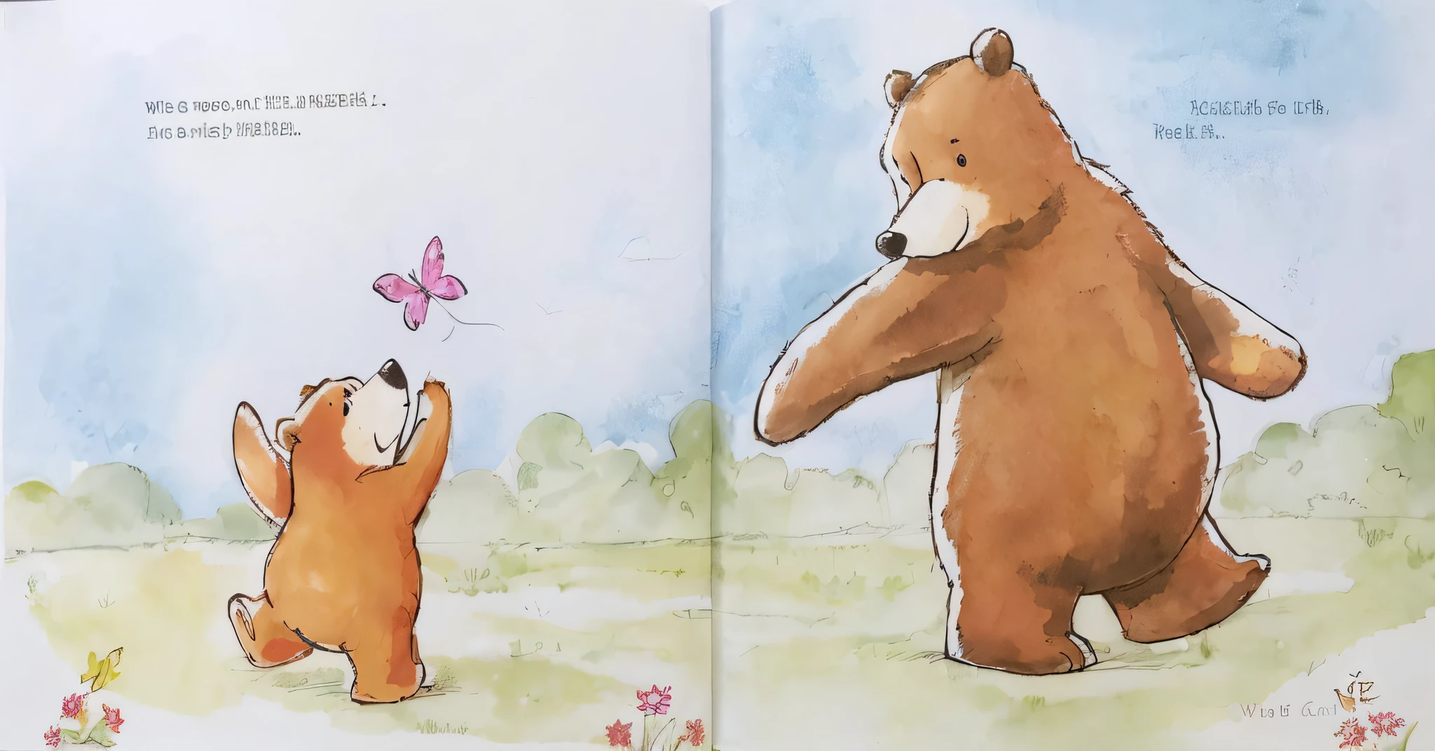 There is a picture of a book with pictures of bears and butterflies, Winnie the Pooh, children's book painting, children's book painting, picture book, children's book, story book illustration, children's book style, children's book art, children's book