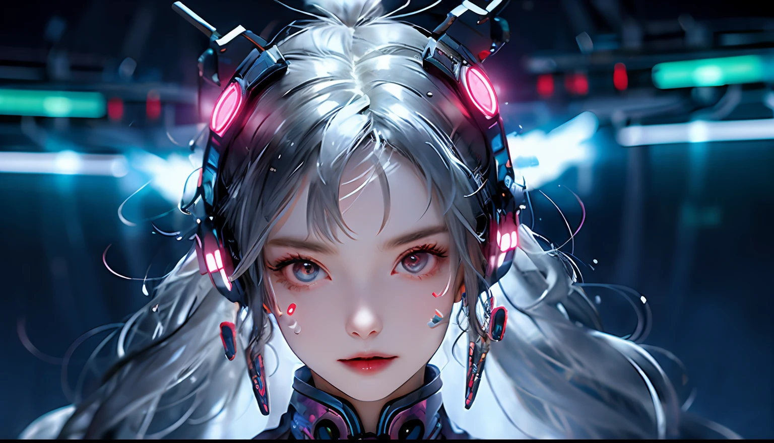 1 girl, Chinese_clothes, liquid silver and pink, cyberhan, cheongsam, cyberpunk city, dynamic pose, glowing headphones, glowing hair accessories, long hair, glowing earrings, glowing necklace, cyberpunk, high-tech city, full of mechanical and futuristic elements, futuristic, technology, glowing neon, pink, pink light, transparent tulle, transparent streamers, laser, digital background urban sky, big moon, with vehicles, best quality, masterpiece, 8K, character edge light, Super high detail, high quality, the most beautiful woman in human beings, smiling slightly, face facing front and left and right symmetry, ear decoration, beautiful pupil light effects, visual data, silver-white hair, hair is not messy, long hair over the waist, luminous electronic watch, deep eyes, happy, English doodling