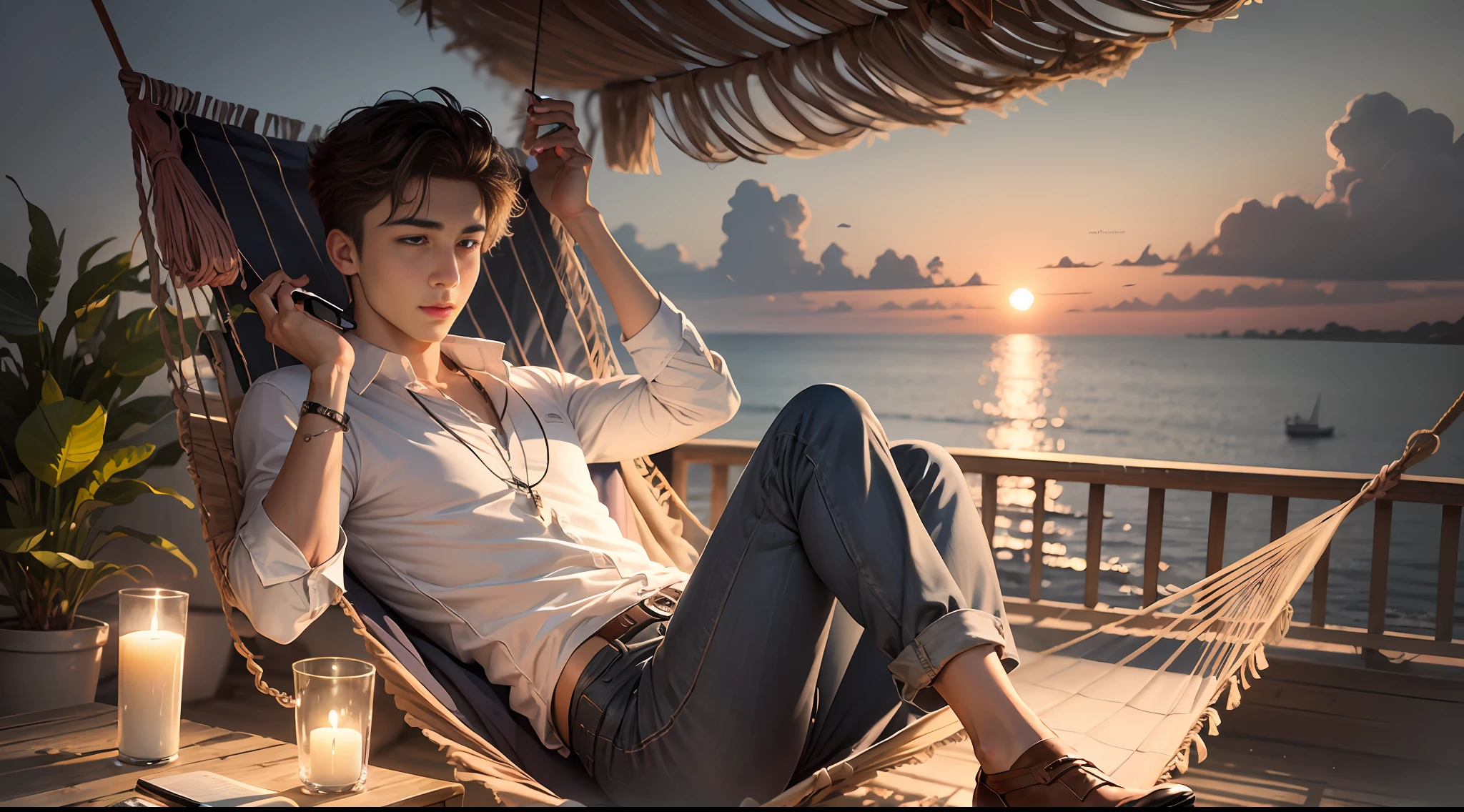 In the evening, by the sea, a young man lies in a hammock with a pleasant expression and a mobile phone on his table