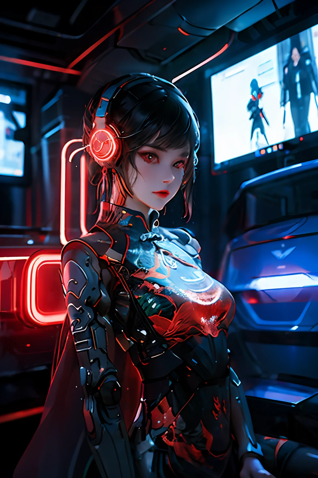 1 Girl, Chinese_clothes, black and orange, cyberhan, cheongsam, cyberpunk city, dynamic pose, glowing headphones, glowing hair accessories, long hair, glowing earrings, glowing necklace, cyberpunk, high-tech city, full of mechanical and futuristic elements, futurism, technology, glowing neon, orange, orange light, laser, digital background city sky, big moon, with vehicles, best quality, masterpiece, 8K, character edge light, super high detail, high quality, high quality, the most beautiful woman in man, a lot of advertising light box in the background