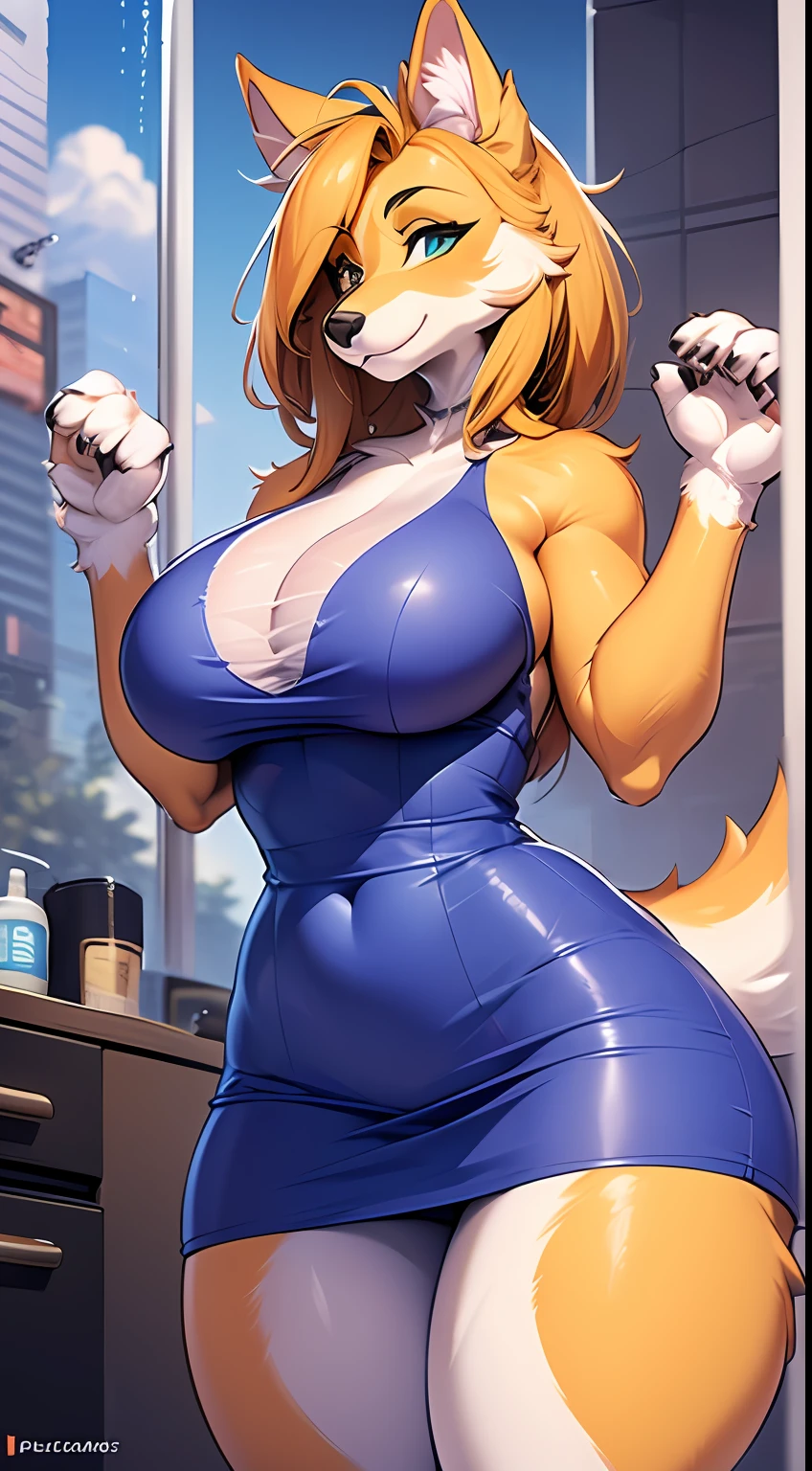 (anthro, fluffy fur, character focus:1.1), 1girl, anthro dog girl, body fur, solo, medium breasts, (thick thighs:0.3), curvy,taking shower (blue_clothes) LOOKING AT THE VIEWER BLUE EYES DETALHED EYES