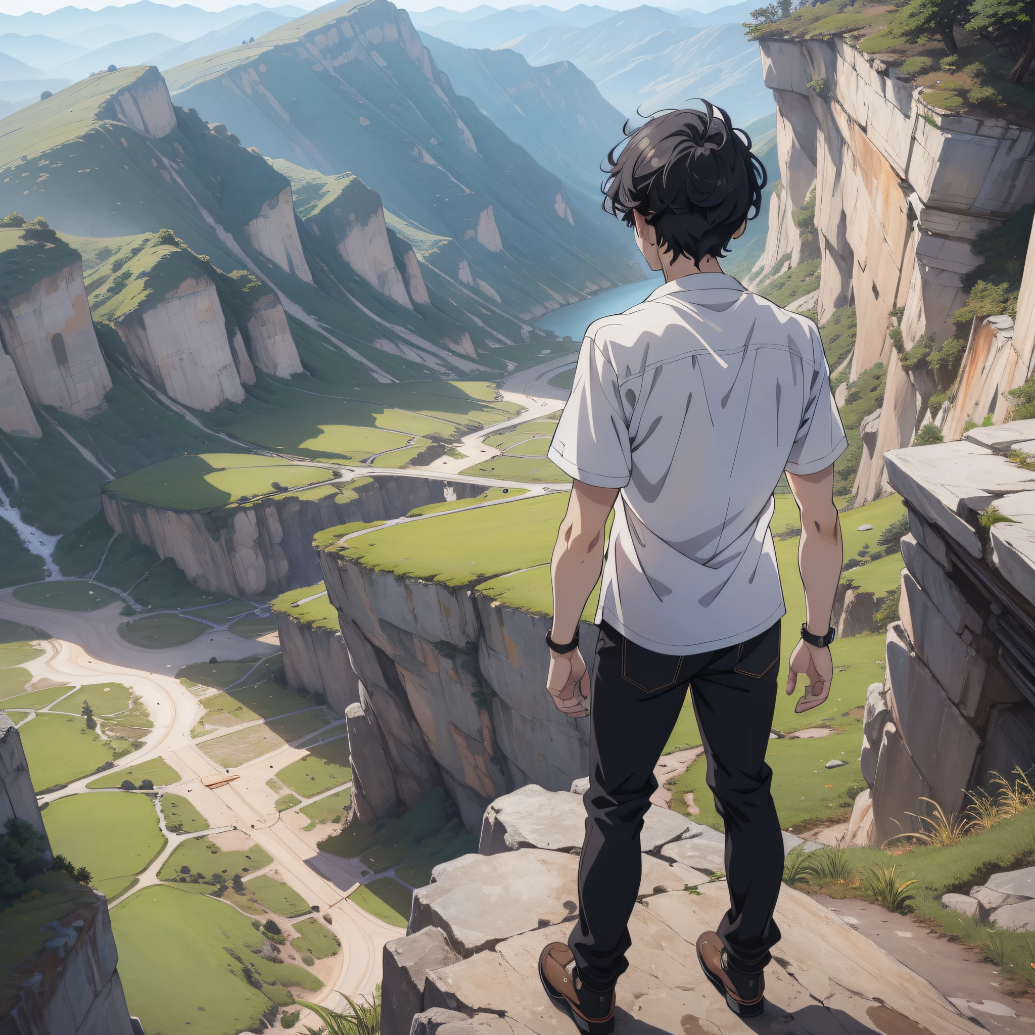 A young anime guy with short black hair and a white shirt about 20 years old standing on the edge of a cliff at the top of the mountain with his back to the camera, (back show 1.5) (background is cliff 1.5) anime style 4 K, anime rendering, anime style. 8k, handsome anime face (upper body display 1.5) (handsome boy 1.3) (cinematic light 1.5)