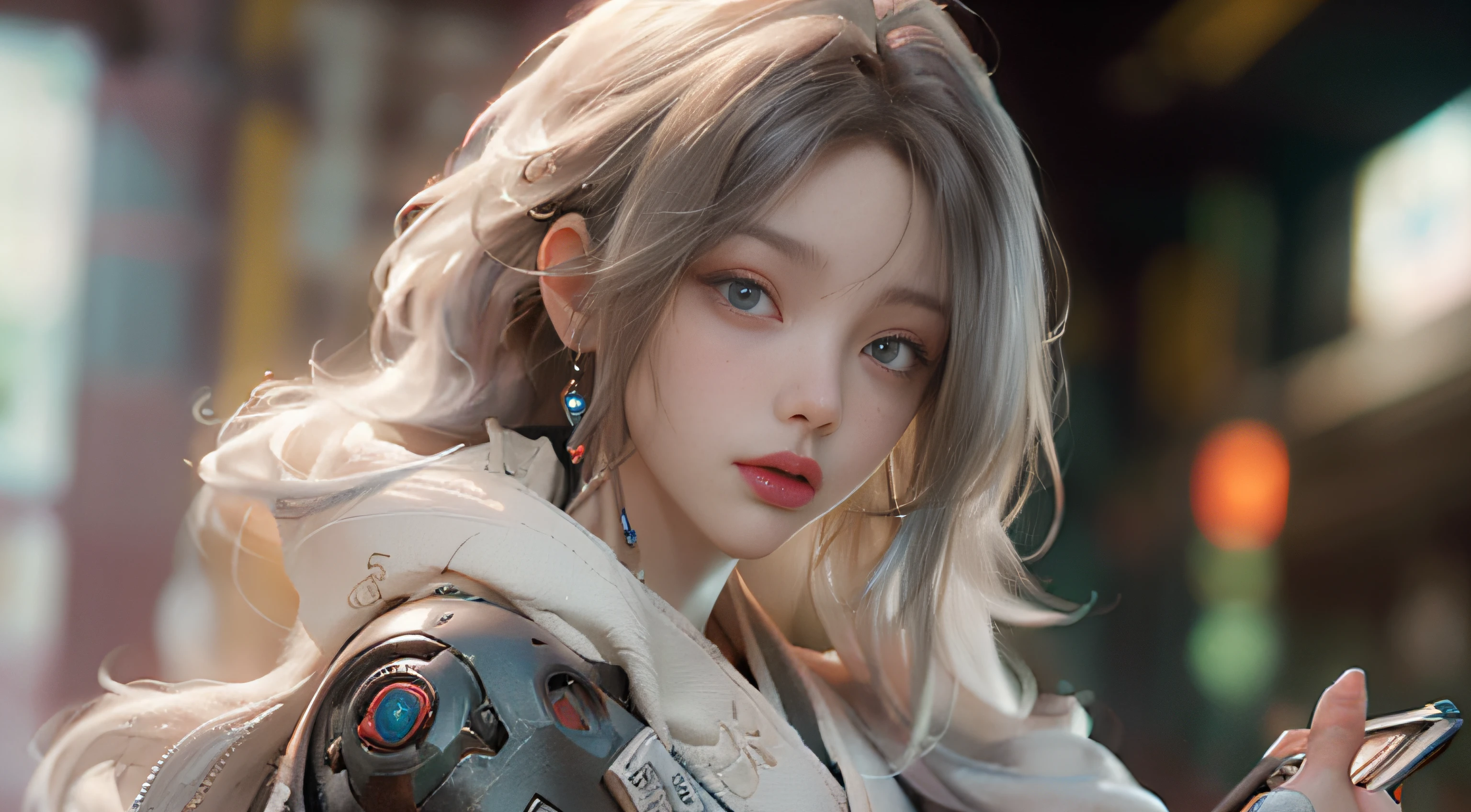 ((best best quality)), ((MasterPiece)), (Detail:1.4), 3D, A beautiful cyberpunk female image,HDR（high dynamic range）,RayTrace,nvidia rtx,The ultra-Resolution,Unreal 5,Subsurface scattering、pbr texturing、postprocessing、Anisotropic Filtering、depth offield、Maximum Clarity and Clarity、Many-Layer Textures、Albedo and Specular map、Surface coloring、Mitsu-Accurate simulation of material interactions、Perfect Scale、octanerendering、Two-colored light、large aperture、low ISO、white balance、Rule of Thirds、8K RAW、beautiful bright pupils，flowing robe，Fine pupils，Detailed face and eyes，Long Lashes，Blushlush，voluminous hair，Tender red lips