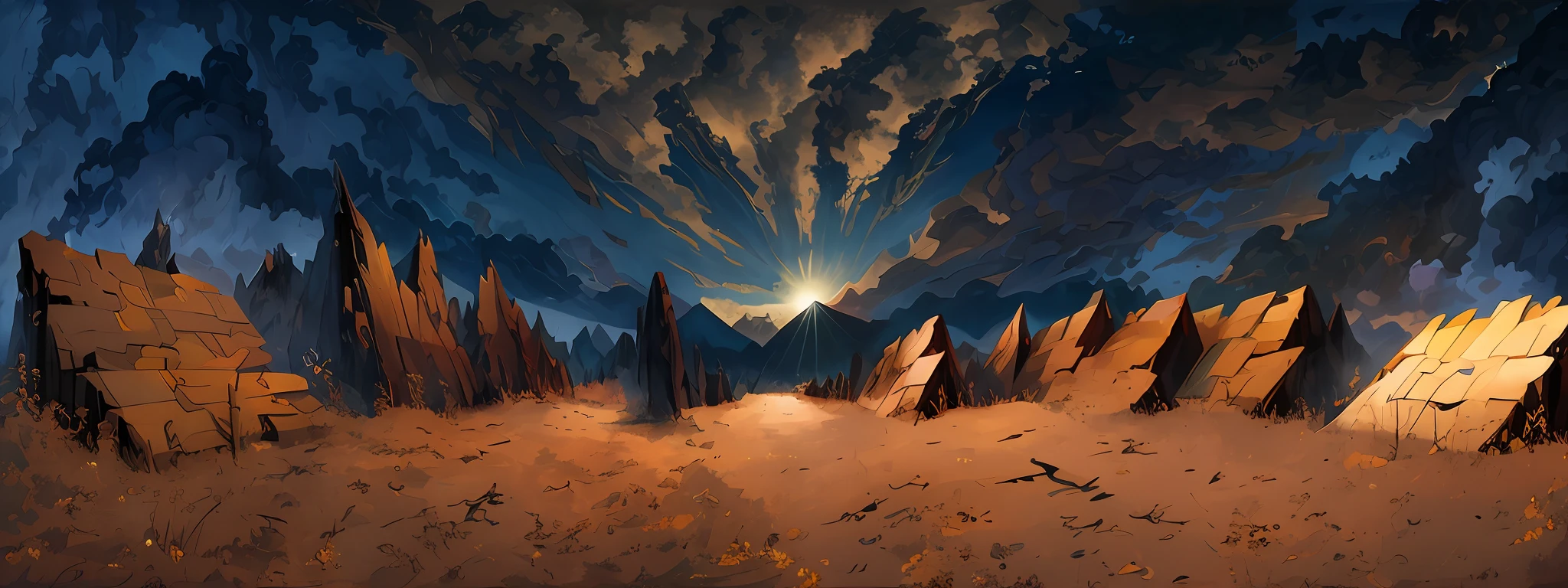 Horror scene, the bottom is a plain, the painting horror through the bloody sky covered with clouds, golden sunlight through the clouds, light from the center