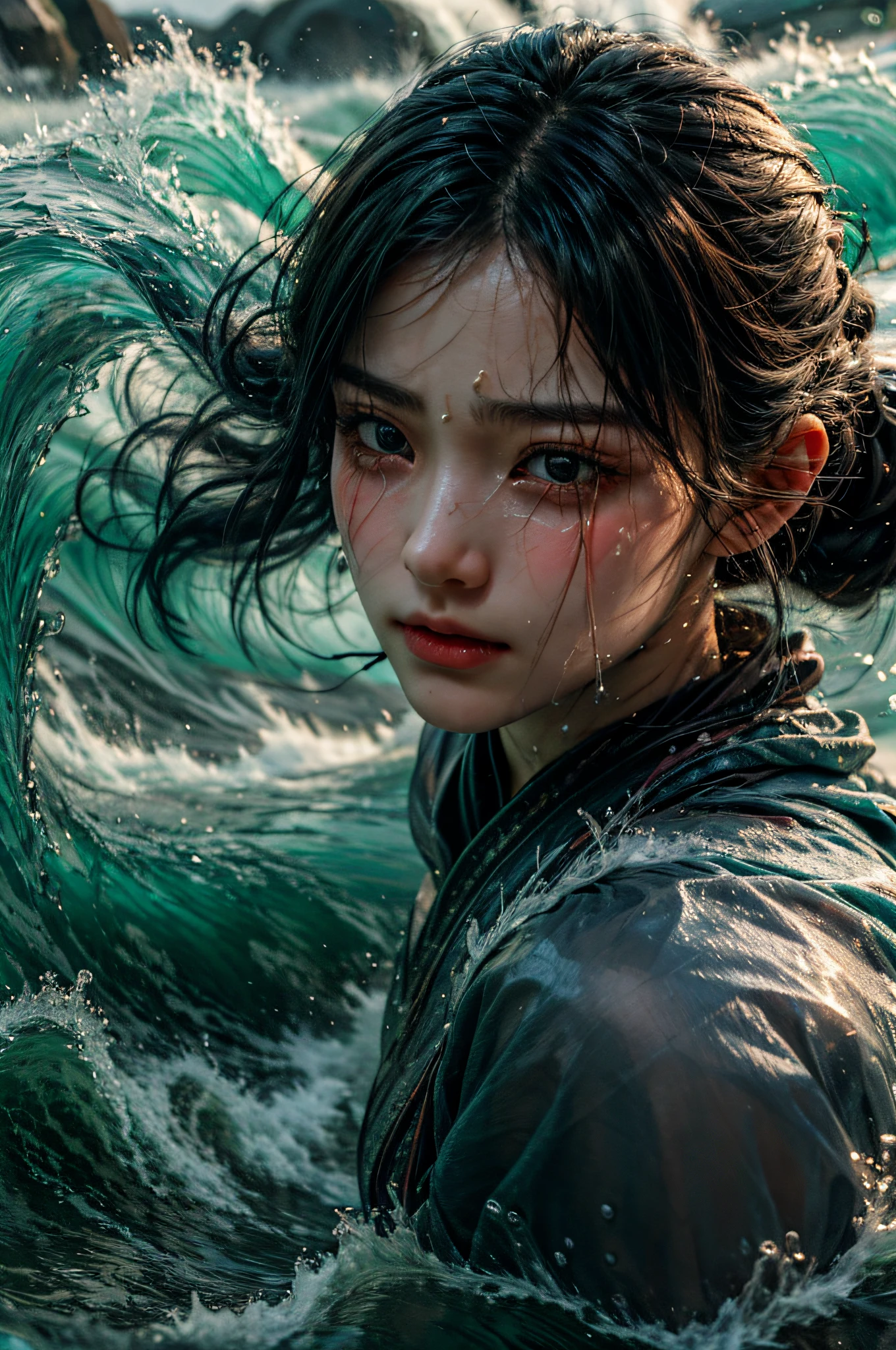 Best quality, masterpiece, super high resolution, 1 girl who hides her face and cries bitterly, beautiful_face, delicate skin, jade water, water, waves