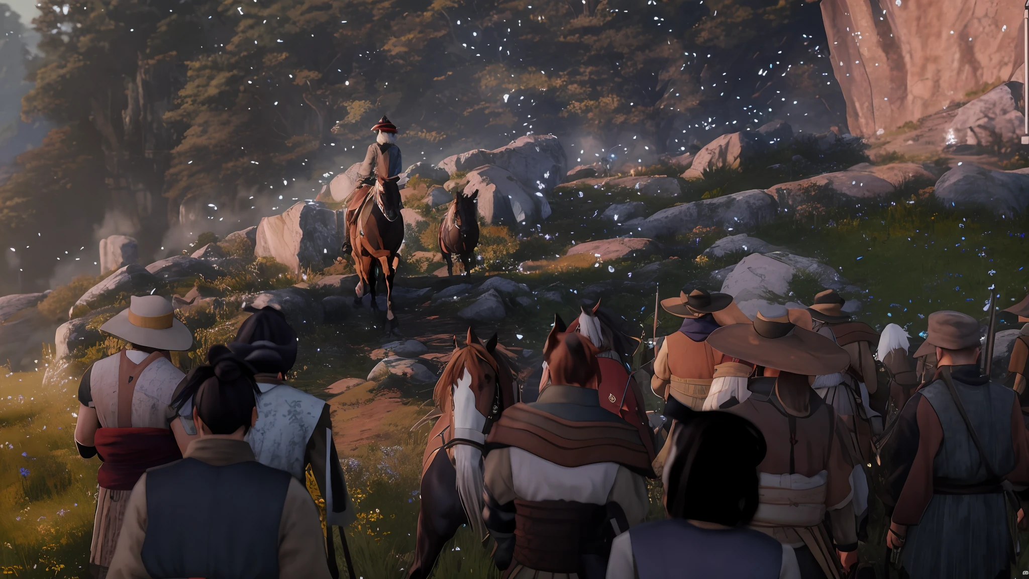 there are many people standing on a hill with a man on a horse, ps5 cinematic screen capture, video game screenshot>, ghost of tsushima, 2020 video game screenshot, cinematic shot!, gameplay still, shot from cinematic, immensely detailed scene, detailed cinematic shot, screenshot from the game, unreal engine 5 4 k uhd image, unreal engine'