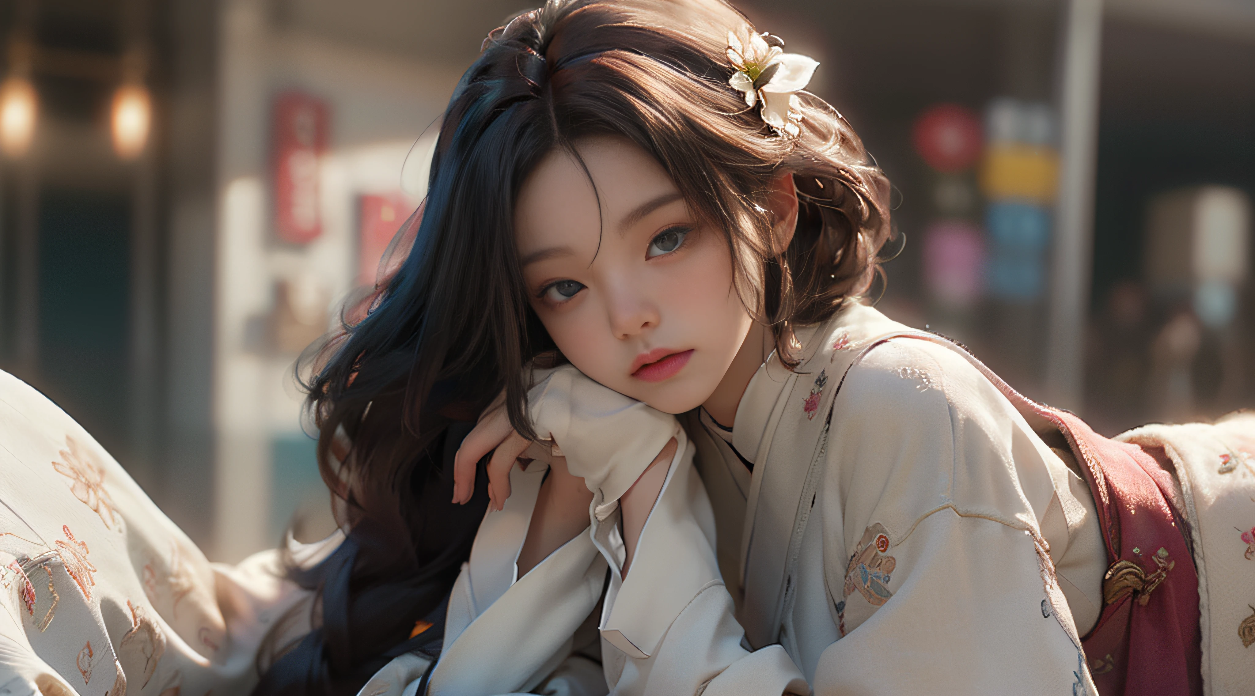 ((best best quality)), ((MasterPiece)), (Detail:1.4), 3D, A beautiful cyberpunk female image,HDR(high dynamic range),RayTrace,nvidia rtx,The ultra-Resolution,Unreal 5,Subsurface scattering、pbr texturing、postprocessing、Anisotropic Filtering、depth offield、Maximum Clarity and Clarity、Many-Layer Textures、Albedo and Specular map、Surface coloring、Mitsu-Accurate simulation of material interactions、Perfect Scale、octanerendering、Two-colored light、large aperture、low ISO、white balance、Rule of Thirds、8K RAW、beautiful bright pupils,flowing robe,Fine pupils,Detailed face and eyes,Long Lashes,Blushlush,voluminous hair,Tender red lips