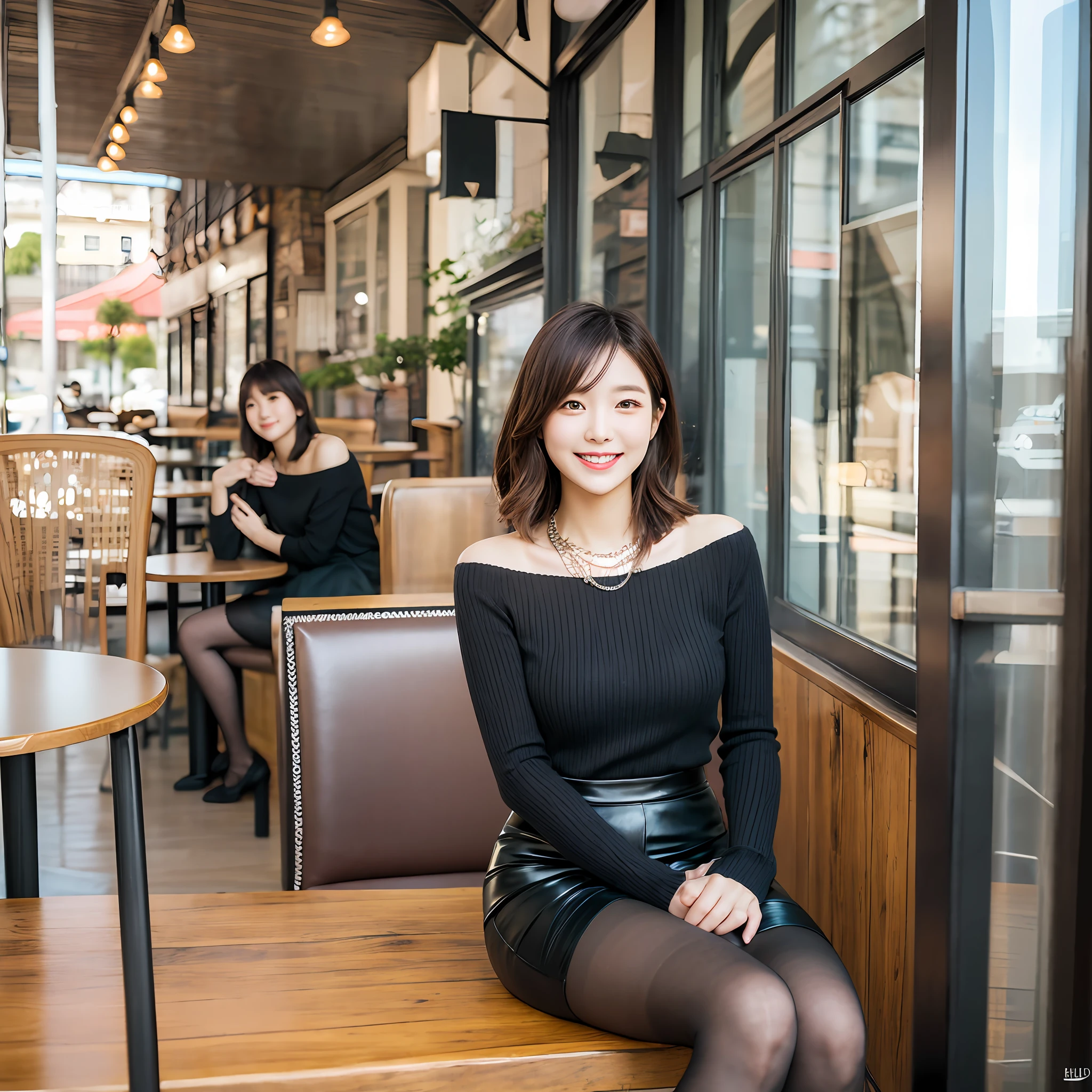 8k uhd, dslr,film grain, Fujifilm XT3,(best quality:1.3), (masterpiece:1.1), high resolution, cinematic light, intricate details, (photorealistic),outside,beautiful outside,sunny,
korean girl,(in cafe:1.5) , dimples, bobcut, looking at viewer, detailed trees, ribbons, bowties, bare shoulders, ribbed sweater,
pencil skirt, high-waist skirt, head rest, sitting, indoors,
necklace,black pantyhose, sheet transportation sweater, (smile),(full body:1.6),slender,