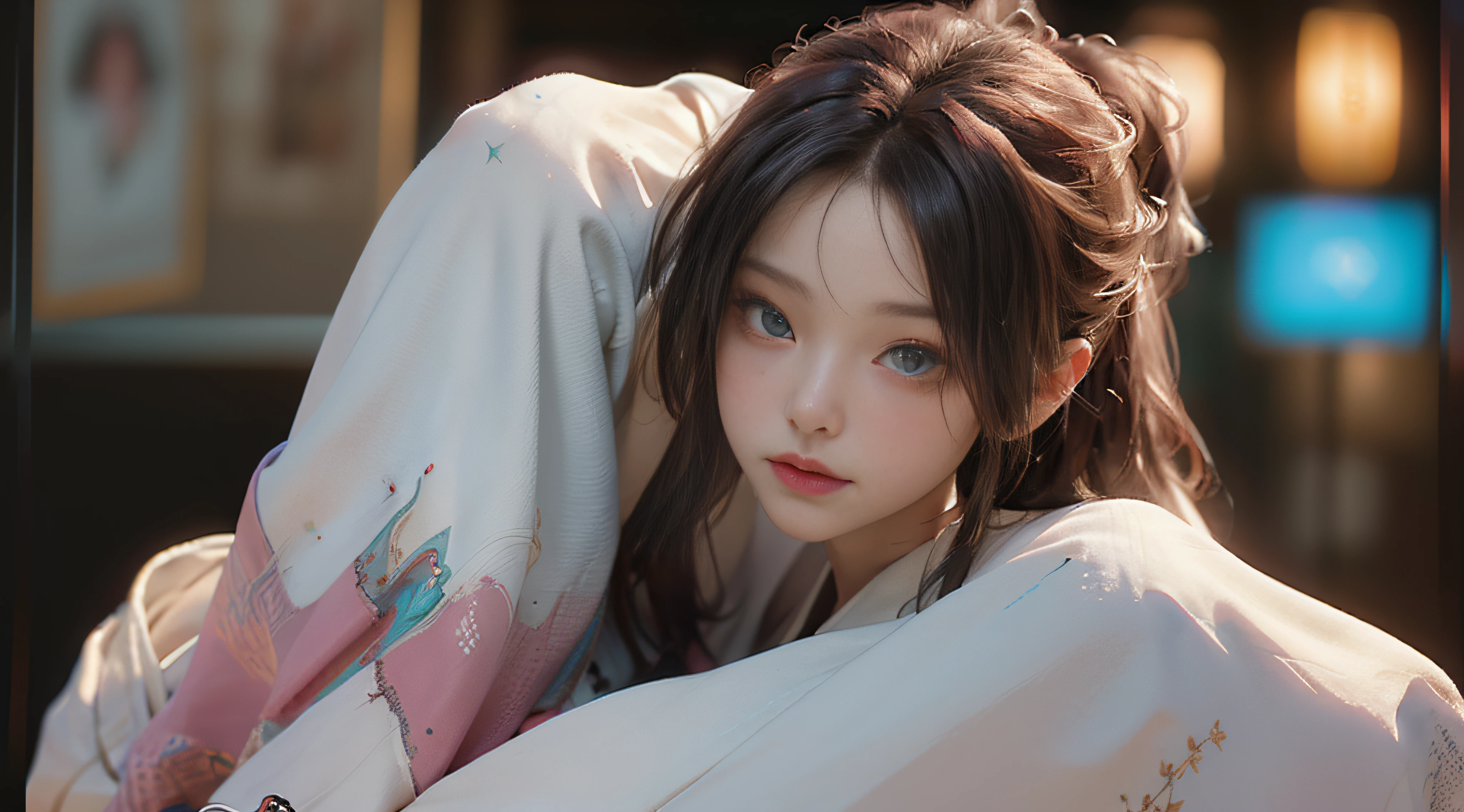 ((best best quality)), ((MasterPiece)), (Detail:1.4), 3D, A beautiful cyberpunk female image,HDR（high dynamic range）,RayTrace,nvidia rtx,The ultra-Resolution,Unreal 5,Subsurface scattering、pbr texturing、postprocessing、Anisotropic Filtering、depth offield、Maximum Clarity and Clarity、Many-Layer Textures、Albedo and Specular map、Surface coloring、Mitsu-Accurate simulation of material interactions、Perfect Scale、octanerendering、Two-colored light、large aperture、low ISO、white balance、Rule of Thirds、8K RAW、beautiful bright pupils，flowing robe，Fine pupils，Detailed face and eyes，Long Lashes，Blushlush，voluminous hair，Tender red lips