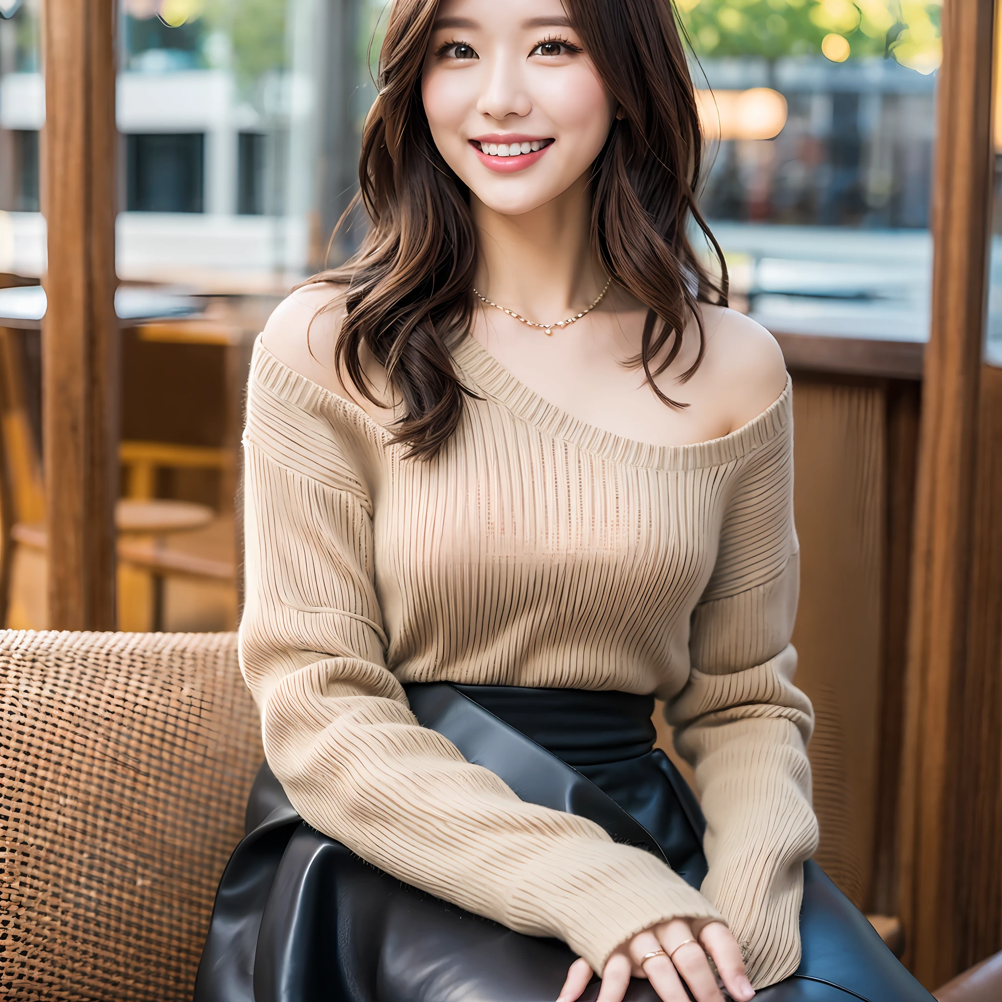 8k uhd, dslr,film grain, Fujifilm XT3,(best quality:1.3), (masterpiece:1.1), high resolution, cinematic light, intricate details, (photorealistic),outside,beautiful outside,sunny,
korean girl,(in cafe:1.5) , dimples, bobcut, looking at viewer, detailed trees, ribbons, bowties, bare shoulders, ribbed sweater, 
pencil skirt, high-waist skirt, head rest, sitting, indoors,
 necklace,black pantyhose, sheet transportation sweater, (smile),(full body:1.6),slender,