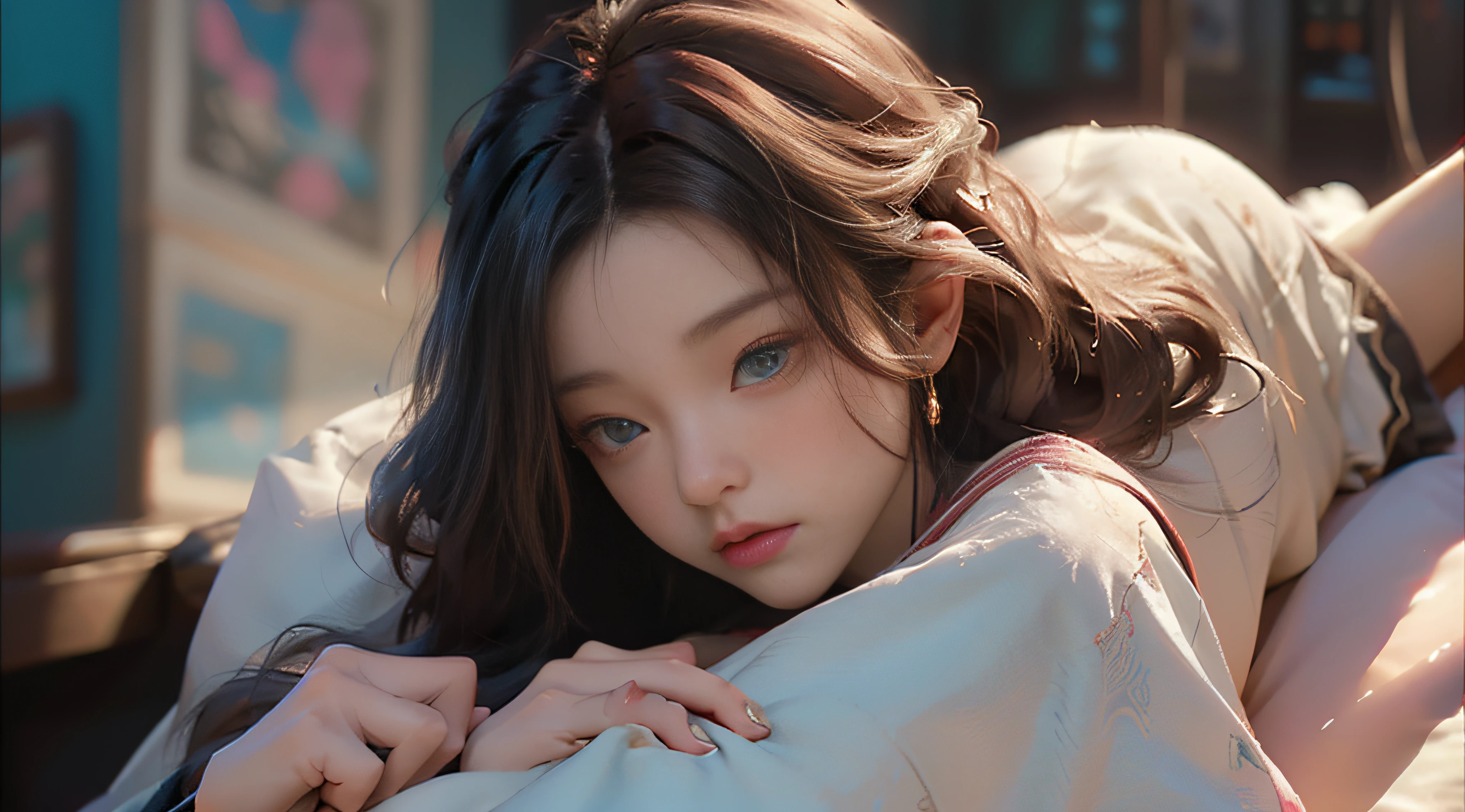 ((best best quality)), ((MasterPiece)), (Detail:1.4), 3D, A beautiful cyberpunk female image,HDR(high dynamic range),RayTrace,nvidia rtx,The ultra-Resolution,Unreal 5,Subsurface scattering、pbr texturing、postprocessing、Anisotropic Filtering、depth offield、Maximum Clarity and Clarity、Many-Layer Textures、Albedo and Specular map、Surface coloring、Mitsu-Accurate simulation of material interactions、Perfect Scale、octanerendering、Two-colored light、large aperture、low ISO、white balance、Rule of Thirds、8K RAW、beautiful bright pupils,flowing robe,Fine pupils,Detailed face and eyes,Long Lashes,Blushlush,voluminous hair,Tender red lips