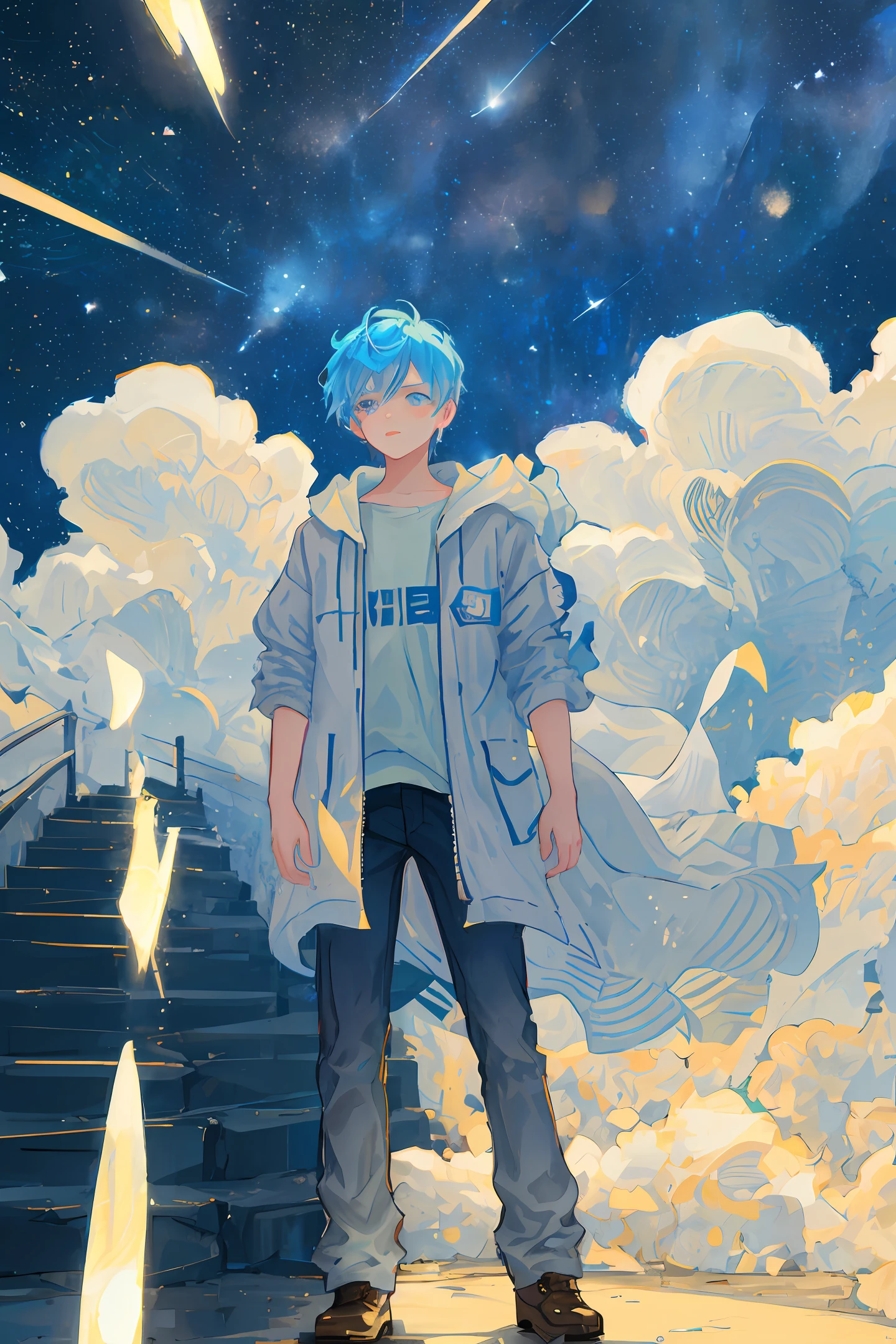 Neon Dreams, (masterpiece, best quality, ultra-detailed, highres, best illustration,neon rim lighting, neon back lights),official art, epic, illustration, render, welcoming, see-through gossamer, lustrous skin,(bloom), (shine),solo, wings, star \(sky\), profile, 1boy, blue hair, holding, angel, male focus, from side, long sleeves, sky, artist name, robe, starry sky, neon theme, neon futurism,city background