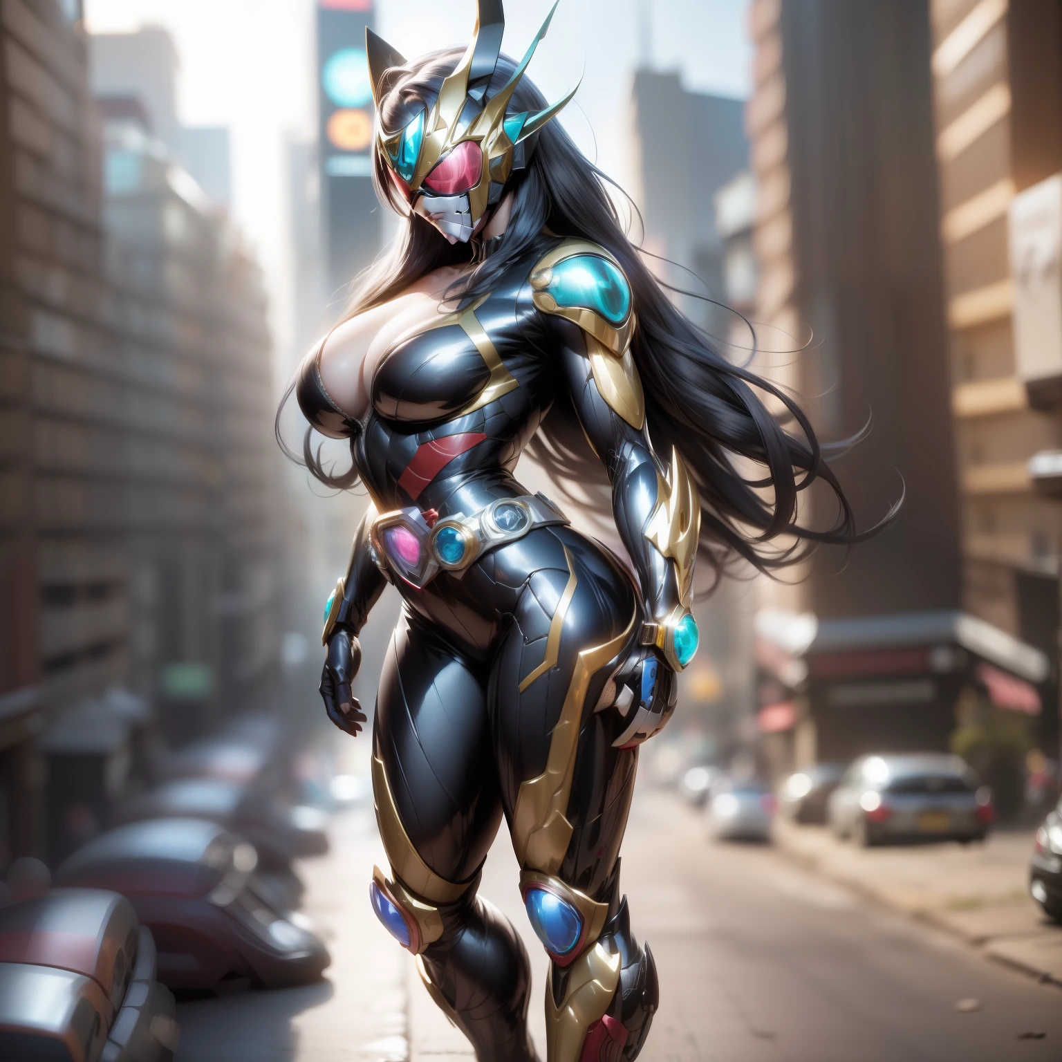 (Masterpiece, Superb Quality, Super Delicate, High Resolution), Male Focus, (((Kamen Rider))), (Mechanized))), (She Has Long Blue Hair, Big Breasts, Slim), (Standing Pose), Posing for Photos, Looking Down, City Ruins, Background Details, (((Full Body))), From Above, Solo