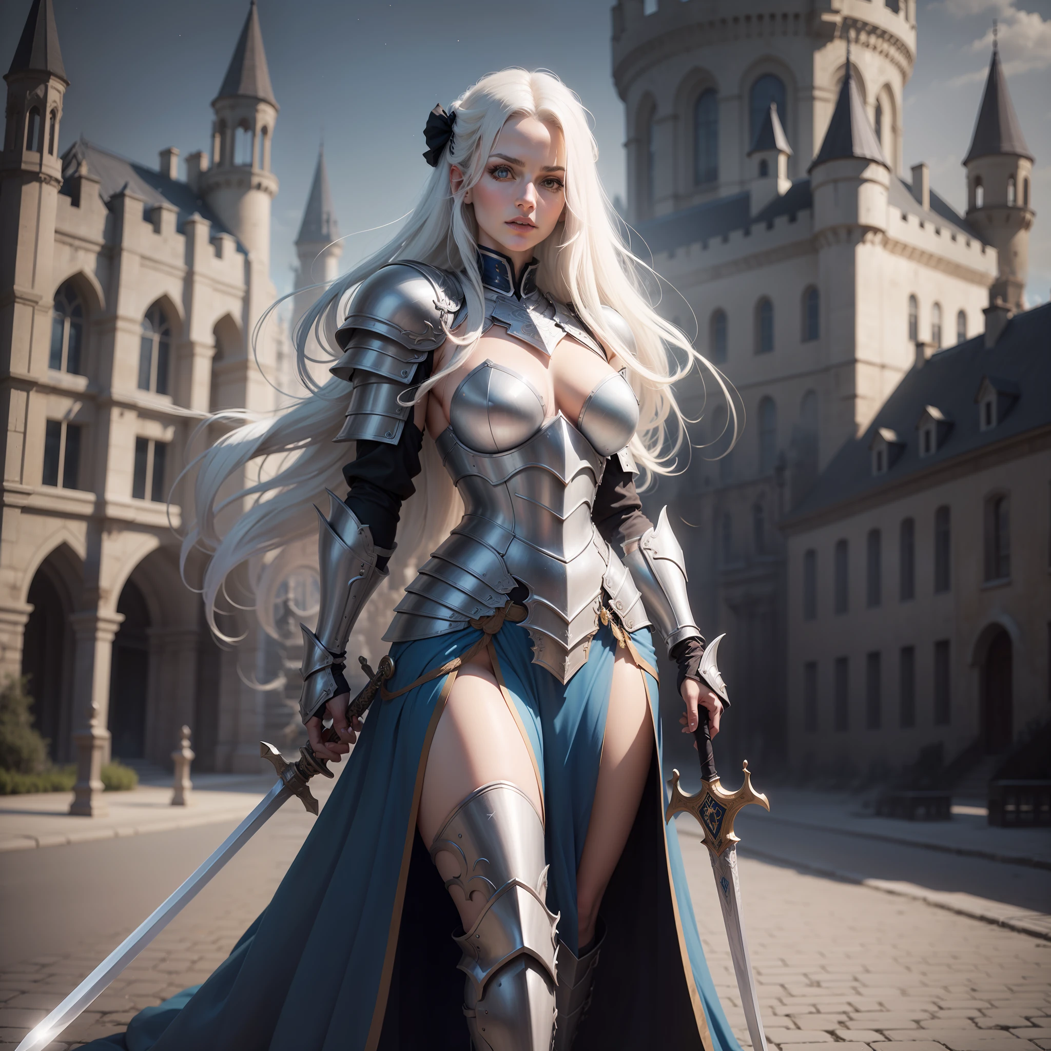 Joan Darc, blue armor, long white hair ,castle at night, Gothic Realistic ,4k holding a sword ,Full body