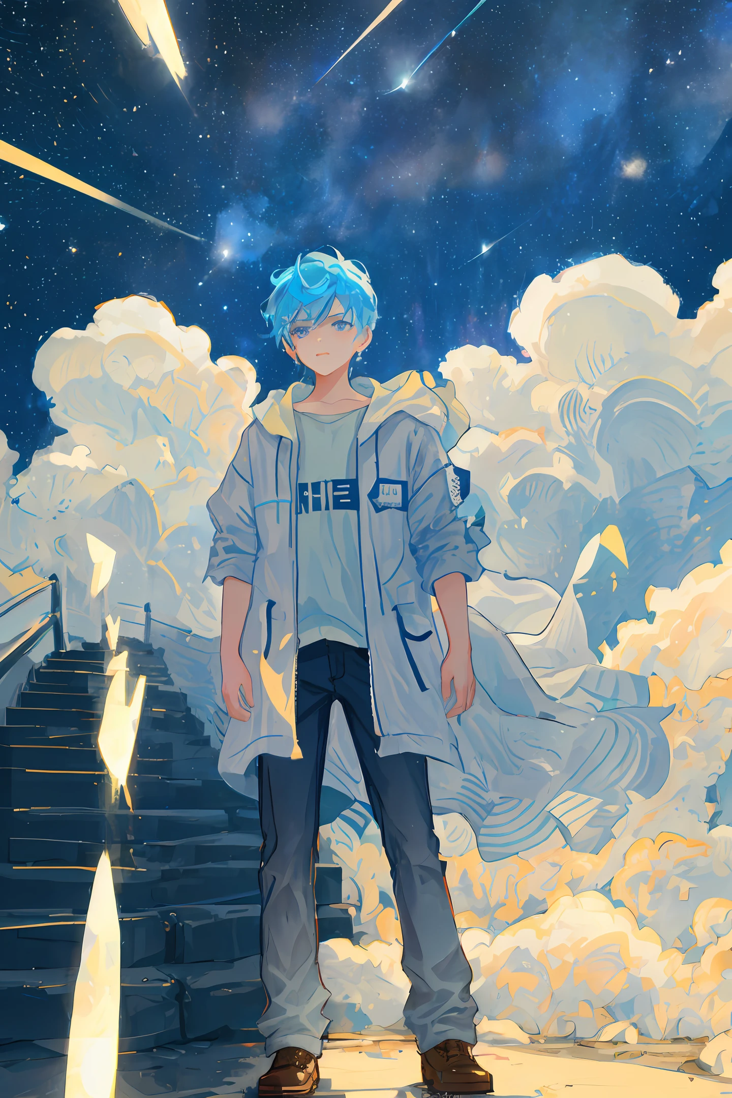 Neon Dreams, (masterpiece, best quality, ultra-detailed, highres, best illustration,neon rim lighting, neon back lights),official art, epic, illustration, render, welcoming, see-through gossamer, lustrous skin,(bloom), (shine),solo, wings, star \(sky\), profile, 1boy, blue hair, holding, angel, male focus, from side, long sleeves, sky, artist name, robe, starry sky, neon theme, neon futurism,city background