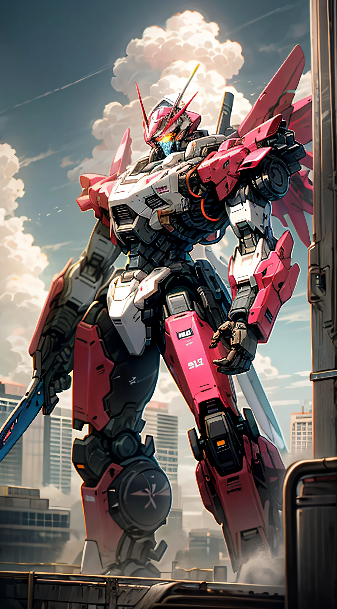 sky, cloud, holding_weapon, no_humans, glowing, , robot, building, glowing_eyes, mecha, science_fiction, city, realistic,light pink mecha