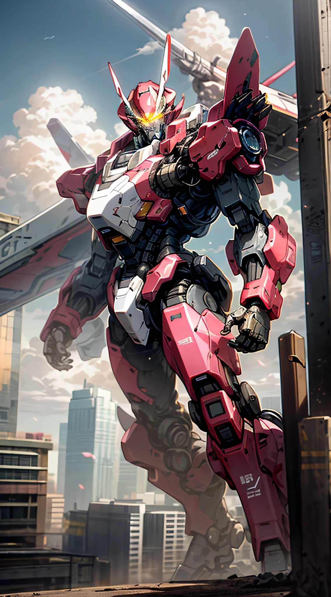 sky, cloud, holding_weapon, no_humans, glowing, , robot, building, glowing_eyes, mecha, science_fiction, city, realistic,light pink mecha