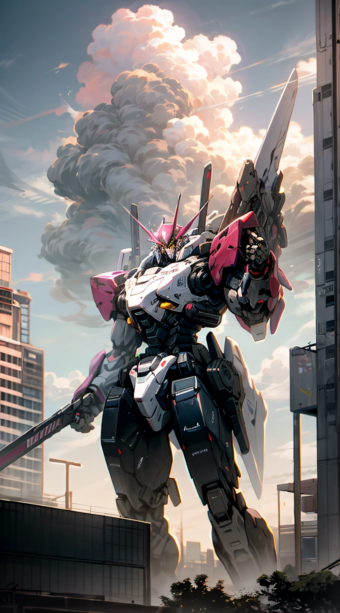 sky, cloud, holding_weapon, no_humans, glowing, , robot, building, glowing_eyes, mecha, science_fiction, city, realistic,light pink mecha