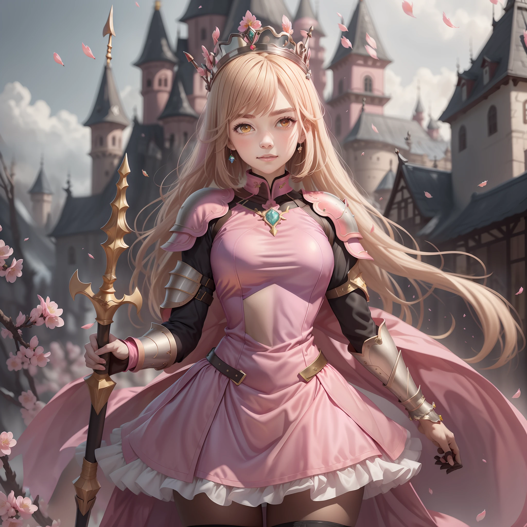 (Peach Blossom Princess: 1.5), ((wearing pink armor)), spear in hand, tights, castle, yellow hair, pink clothes, jeweled crown
