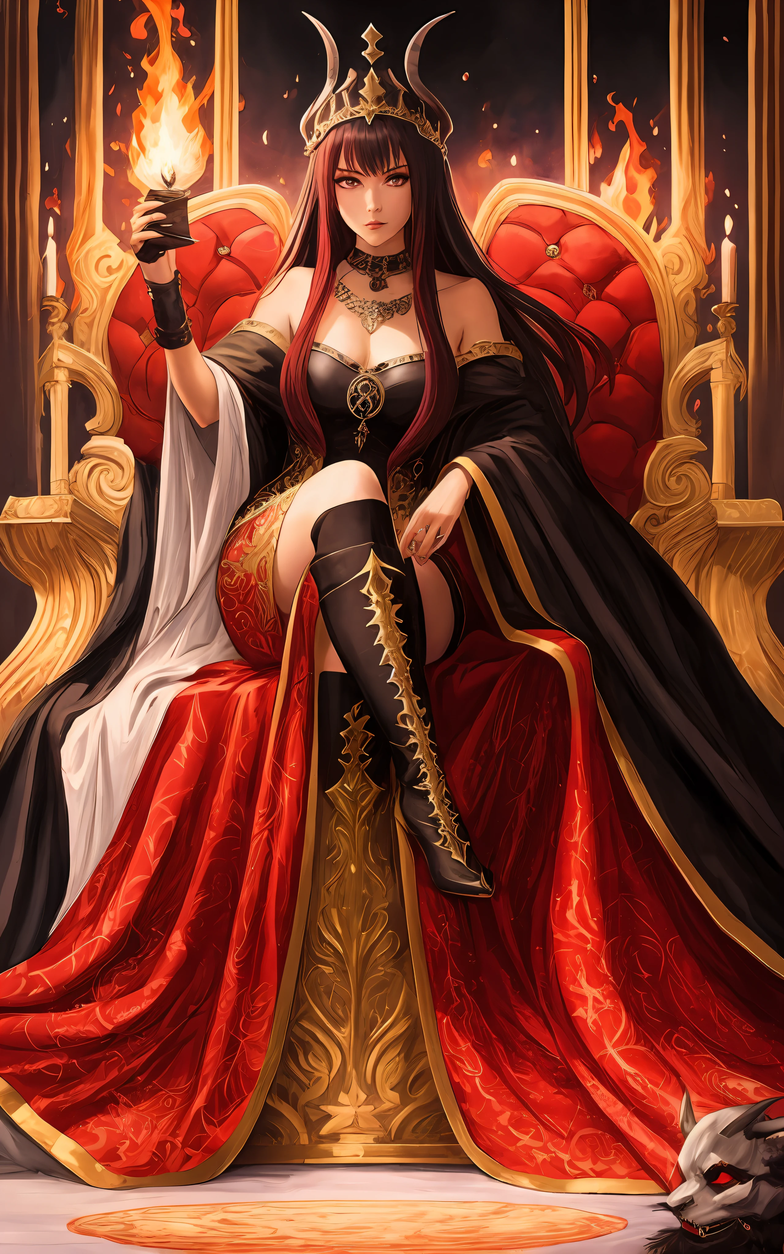 Painting of a demon queen sitting on a throne in a red arena Dark Sorceress Full View, Lolth, The Queen of Blades, Evil Sorceress, Dark Sorceress, appears as Goddess of Fire, Tarot Card Goddess of Death, /!\ The Sorceress, Sorceress, Half Summoner, Half Megumin, Dark Elf Princess