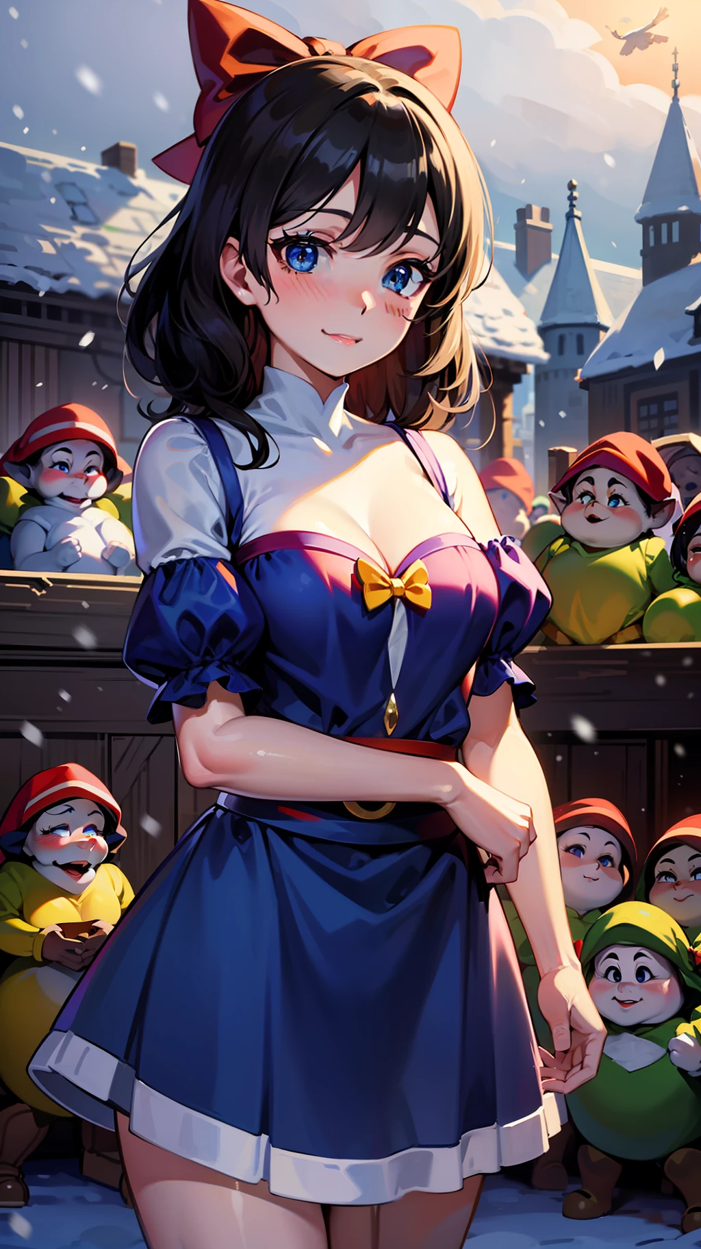 masterpiece, super fine illustration, best quality, light particles, ultra-detailed, 8K wallpaper, (bright colors:1.2), solo, (a little girl), big breasts, (black hair), (hair bow:1.5), (red bow), disheveled hair, long hair, curly hair, shiny hair, shiny skin, beautiful blue eyes, shiny eyes, happy smile, blush cheeks, (Snow White and the Seven Dwarfs:1.4), blue dress, puff sleeve, yellow skirt, fantasy, village house, apple, cowboy shot, anime,