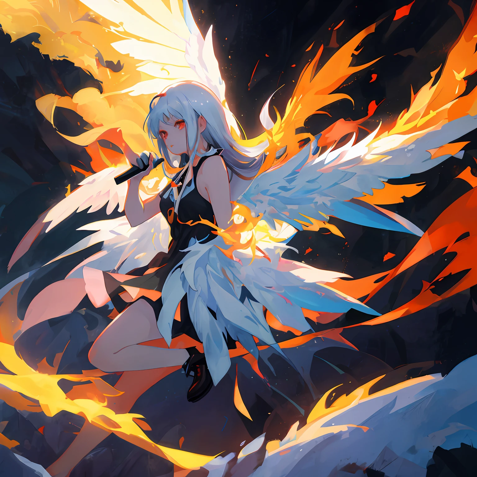 anime girl with white wings and a black dress holding a microphone, digital art on pixiv, trending on artstation pixiv, anime art wallpaper 8 k, by Yang J, with fiery golden wings of flame, artgerm and atey ghailan, cushart krenz key art feminine, anime art wallpaper 4k, anime art wallpaper 4 k