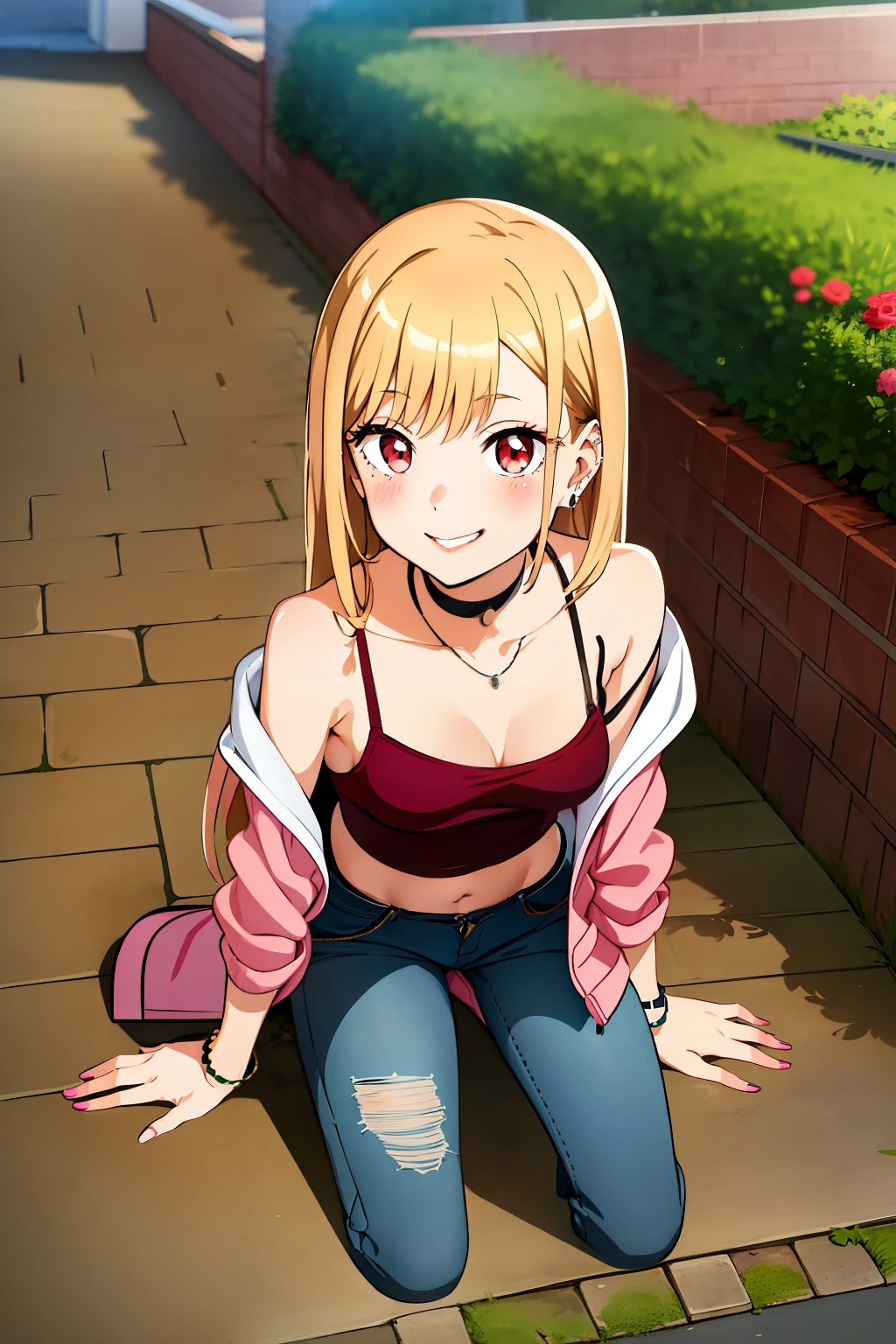 kitagawa marin, kitabkn, floating hair, blushed, lewd smile, masterpiece, best quality, highly detailed, (Detailed scenery in the background: street sidewalk, garden, houses), low jeans, open braggado, red tank top, jacket off shoulder, choker, sidebag, small breasts, bust 86cm, lascivious body, walking on the street, pov from above, Sexual expression, Corada,