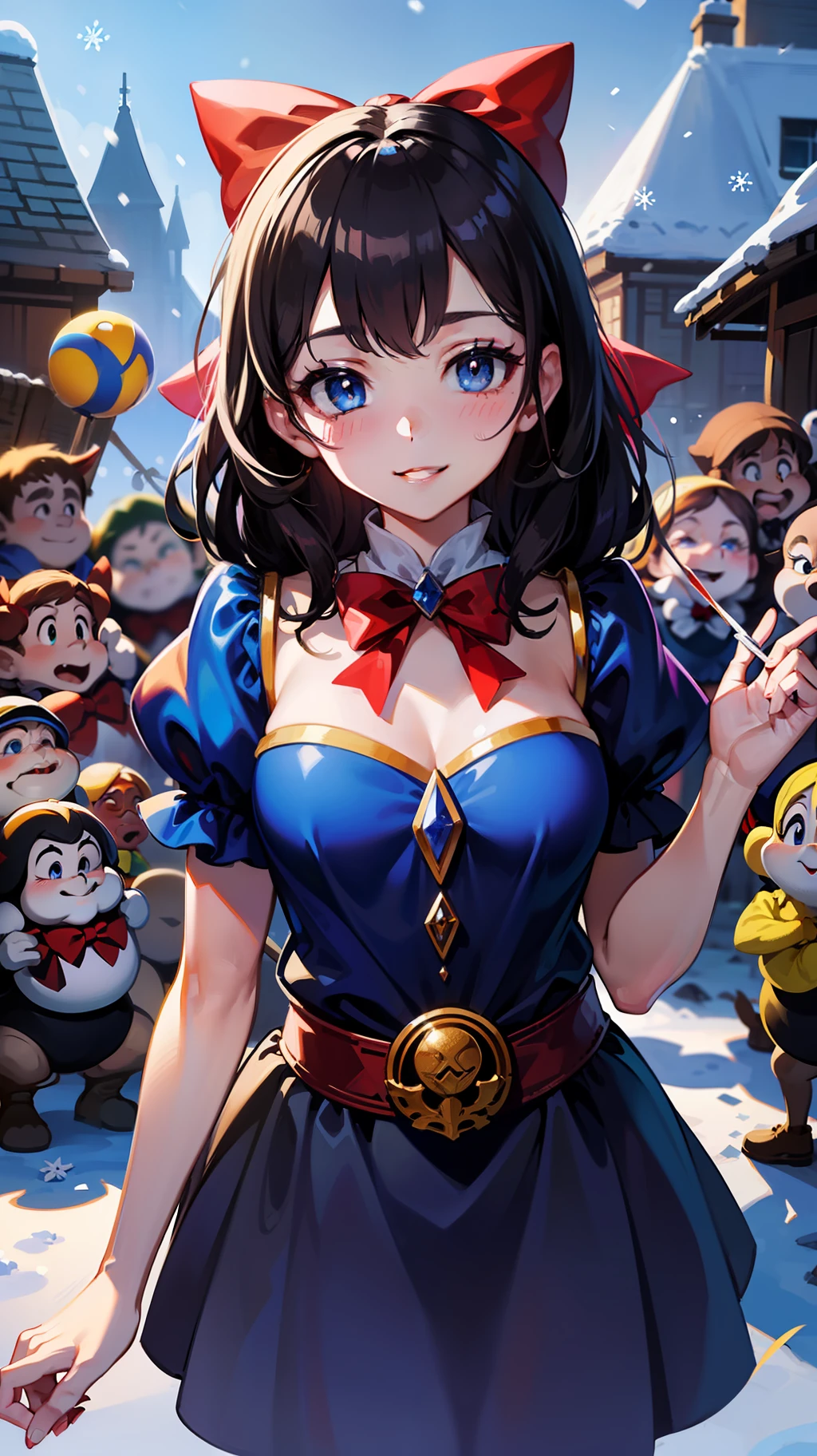 masterpiece, super fine illustration, best quality, light particles, ultra-detailed, 8K wallpaper, (bright colors:1.2), solo, (a little girl), big breasts, (black hair), (hair bow:1.5), (red bow), disheveled hair, long hair, curly hair, shiny hair, shiny skin, beautiful blue eyes, shiny eyes, happy smile, blush cheeks, (Snow White and the Seven Dwarfs:1.4), blue dress, puff sleeve, yellow skirt, fantasy, village house, apple, cowboy shot, anime,