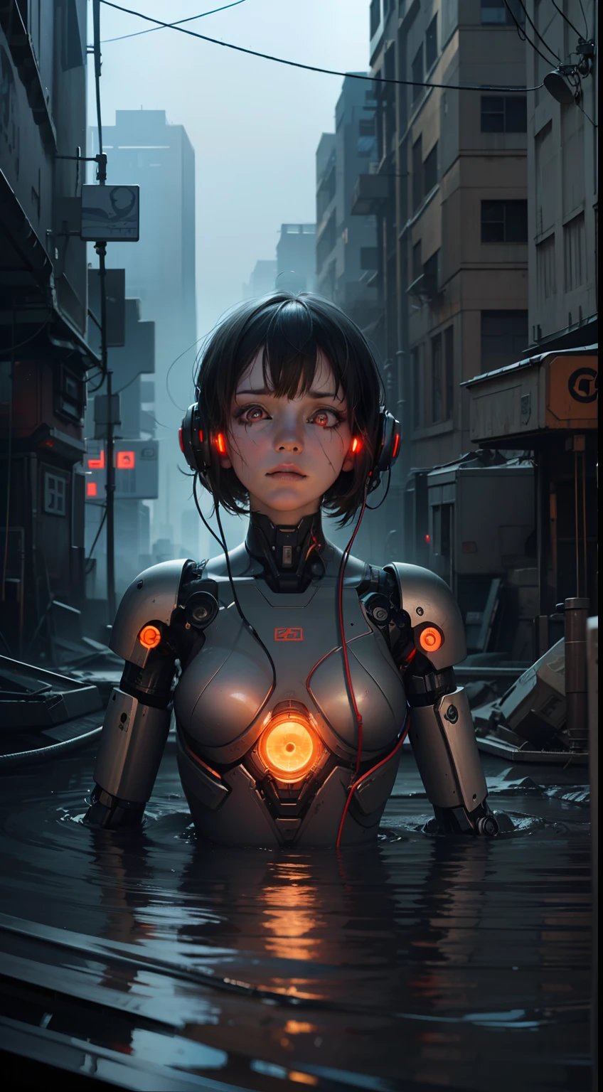 (masterpiece, sidelighting, finely detailed beautiful eyes: 1.2), cowboy shot, open clothes,(small breasts),masterpiece,portrait, realistic, 3d face, (glowing eyes), short hair, lustrous skin,(best quality), ((1 life-like robot lying on the water)), metal construction, (wires and cables), (glowing eyes), (mechanical arms), (ruins), post-apocalyptic, science fiction, (dystopian), (desolate), (abandoned), artificial intelligence, (futuristic), (cyberpunk), game cg, high resolution, (gritty), dark, (emotional), atmospheric, (haunting), surreal, (lonely), (tragic), (serious), game cg,absurdres, sternocleidomastoid,
