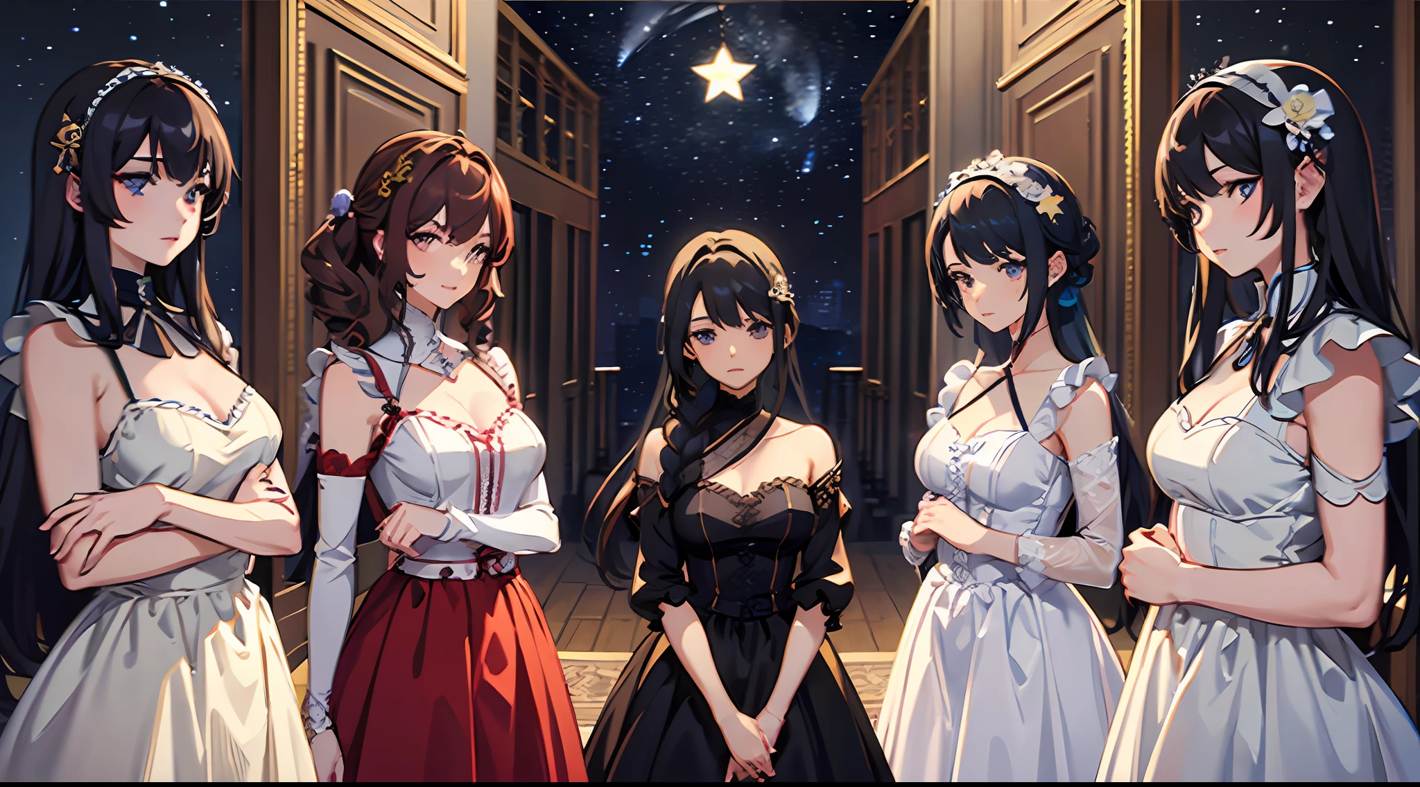 super detailed face, 5 girls, curves, beauty, dress, long skirt, hair, curious, gaze, looking at the audience, in a room, starry sky, curtains, night, lighting, delicate facial features, clear facial expressions, detailed digital animation art, digital animation art, high quality anime art style, best quality, masterpiece
