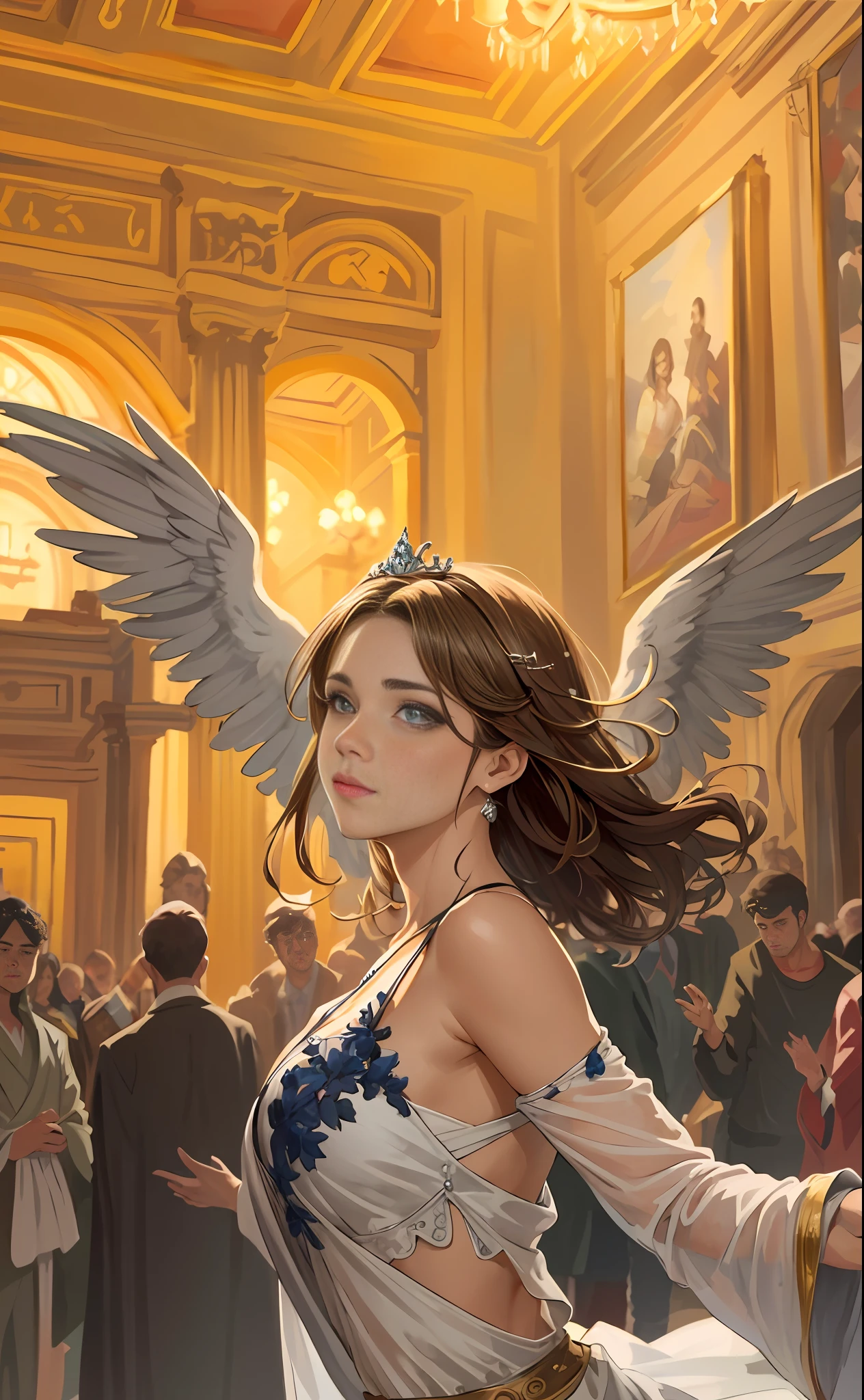 Model shooting style, (extremely detailed CG Unity 8k wallpaper), full-shot body photo of the most beautiful artwork in the world, stunning beautiful photo realistic available, super realistic super detailed photo, a beautiful girl as a female dancer entering the Loggia dei Lanzi of Florence,complex dress, banquet, crowd, [slight smile], (Sculpture of Hercules background), (princess eyes, shining pupils), detailed symmetrical beautiful hazel eyes, detailed gorgeous face, highly detailed, Vibrant, professional majestic oil painting by Ed Blinkey, Atey Ghailan, Studio Ghibli, Jeremy Mann, Greg Manchess, Antonio Moro, ArtStation Trends, CGSociety Trends, Complex, High Detail, Sharp Focus, Dramatic, Realistic Painting Art, by Midjourney and Greg Written by Rutkowski