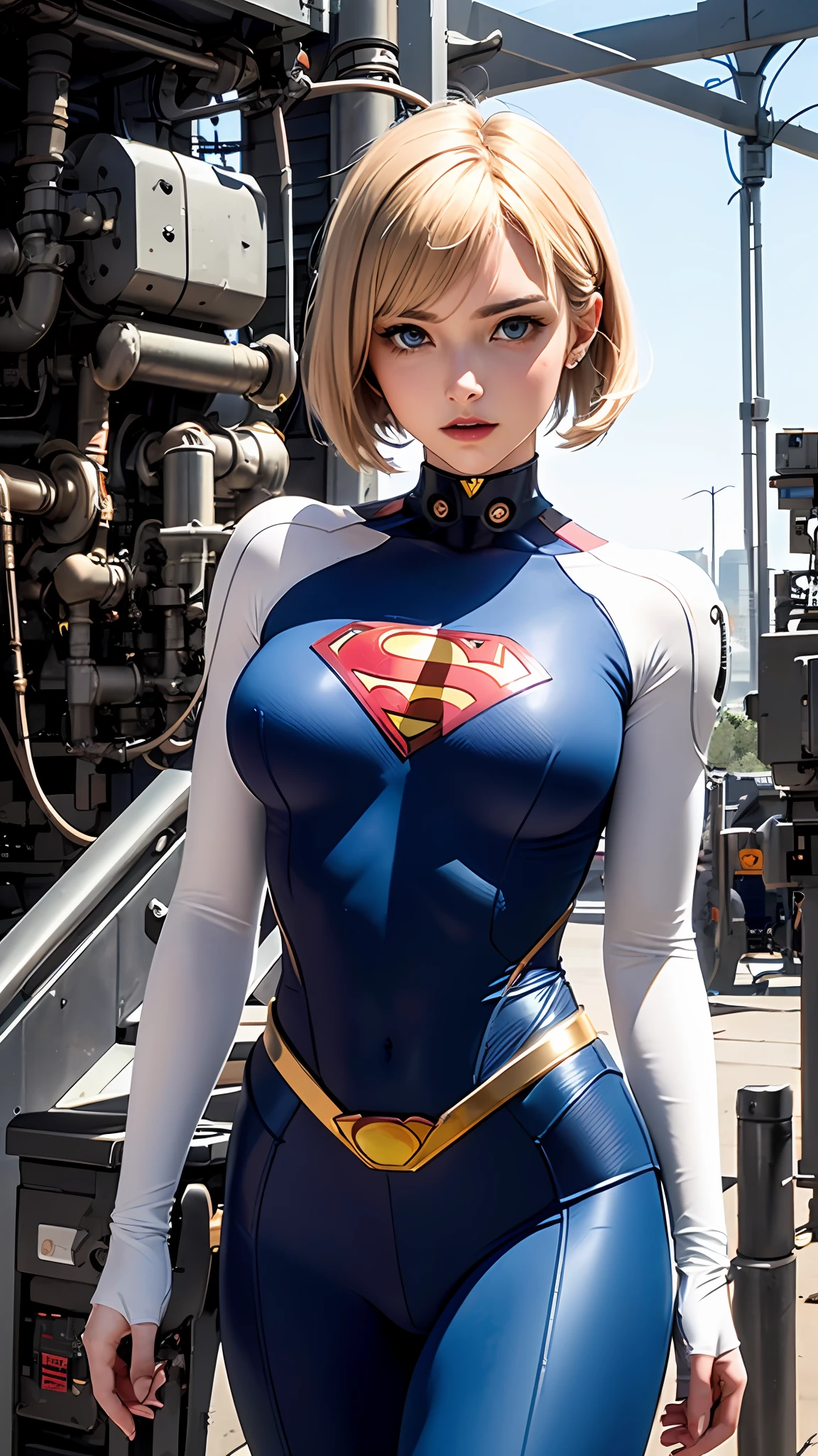 One-sided layered cut Bob, (Blonde hair: 1.3), ((Transparent blue eyes (purple)), ((Beautiful, detailed eyes, Jewel-like eyes, Bright blue eyes: 1.3)) , The female body incorporates mechanical components such as gears with supernan S on the chest, wires and circuits that merge with the female's natural shape to create a visually captivating and futuristic aesthetic.  The mechanical elements emphasize precision and functionality, with interlocking gears and gears that work harmoniously with the feminine physique.  Female faces can have cybernetic enhancements, such as glowing eyes, neural implants, and metallic facial features that symbolize the fusion of man and machine.  This work of art embodies both the strength of a woman and the grace of the human spirit.  Lighting and shadows play an important role, increasing the contrast between organic and mechanical elements and adding depth to the composition.  It emphasizes the mechanical nature of the artwork.  Background details can include futuristic cityscapes, industrial landscapes, or abstract patterns to further enhance the futuristic feel.  Overall, the work captures the essence of a woman embracing the integration of machines, celebrating the possibilities and complexities of a future where humans and technology coexist, wearing Superman's S symbol on her chest.