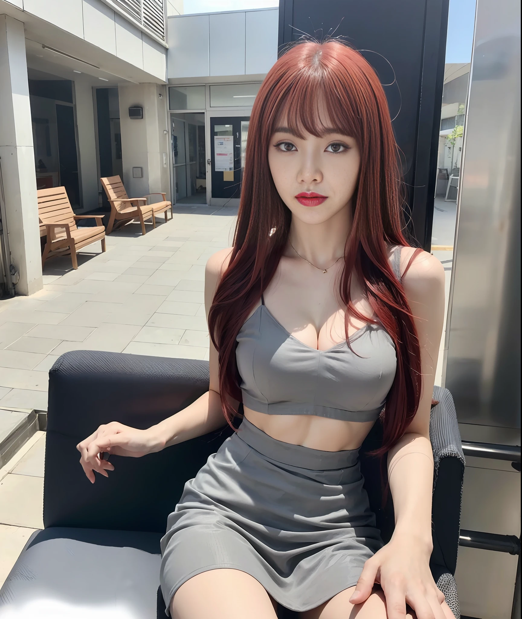 (Best quality, 8k, 32k, Masterpiece, UHD:1.2), (fullbody Pretty korean woman 18 years old), (1girl),extremely detailed face, extremely detailed eyes, (red long hair with korean Bangs ) ,(red hair), double eyelid,solo focus,faint smile, medium breasts, (abs),irene1, standing , look at viewer, from the top, in the courtyard of a store sitting on a chair with the street behind ,(gray slip dress)