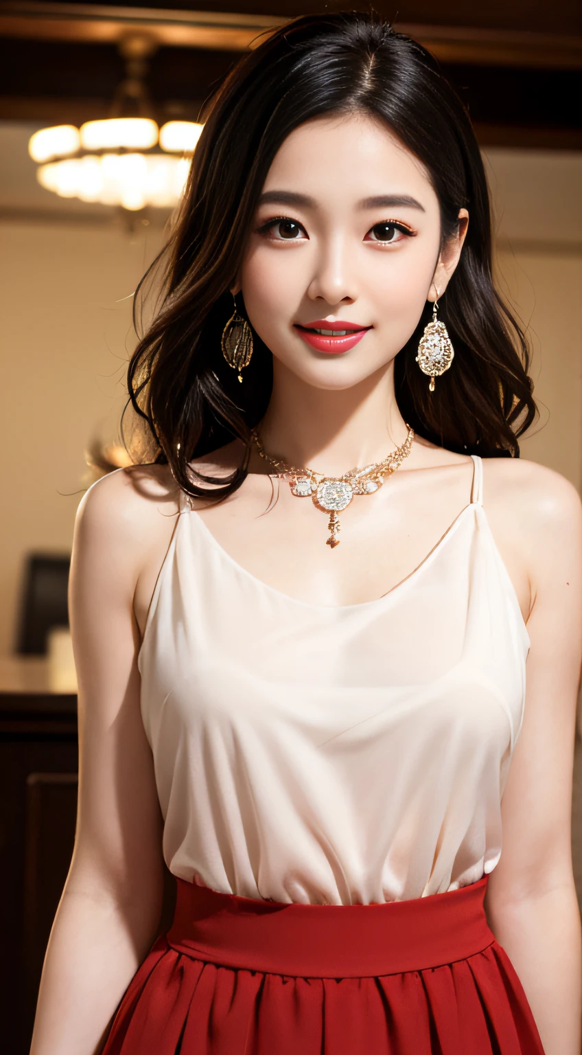 Real people, highest image quality, masterpiece, exquisite CG, highest resolution, ultra-clear picture quality, delicate facial features, peerless beauty, delicate and beautiful facial features, cute girl, red wavy curly hair, bow hairpin, oily red lips, sweet smile, smile, smile without teeth, delicate skin, shiny, moisturized skin, blushing face, pure, close-up, single, necklace, earrings, not exposed, dynamic action, (gorgeous long dress with round neck), skirt full of lace, bust, Rating: Safe