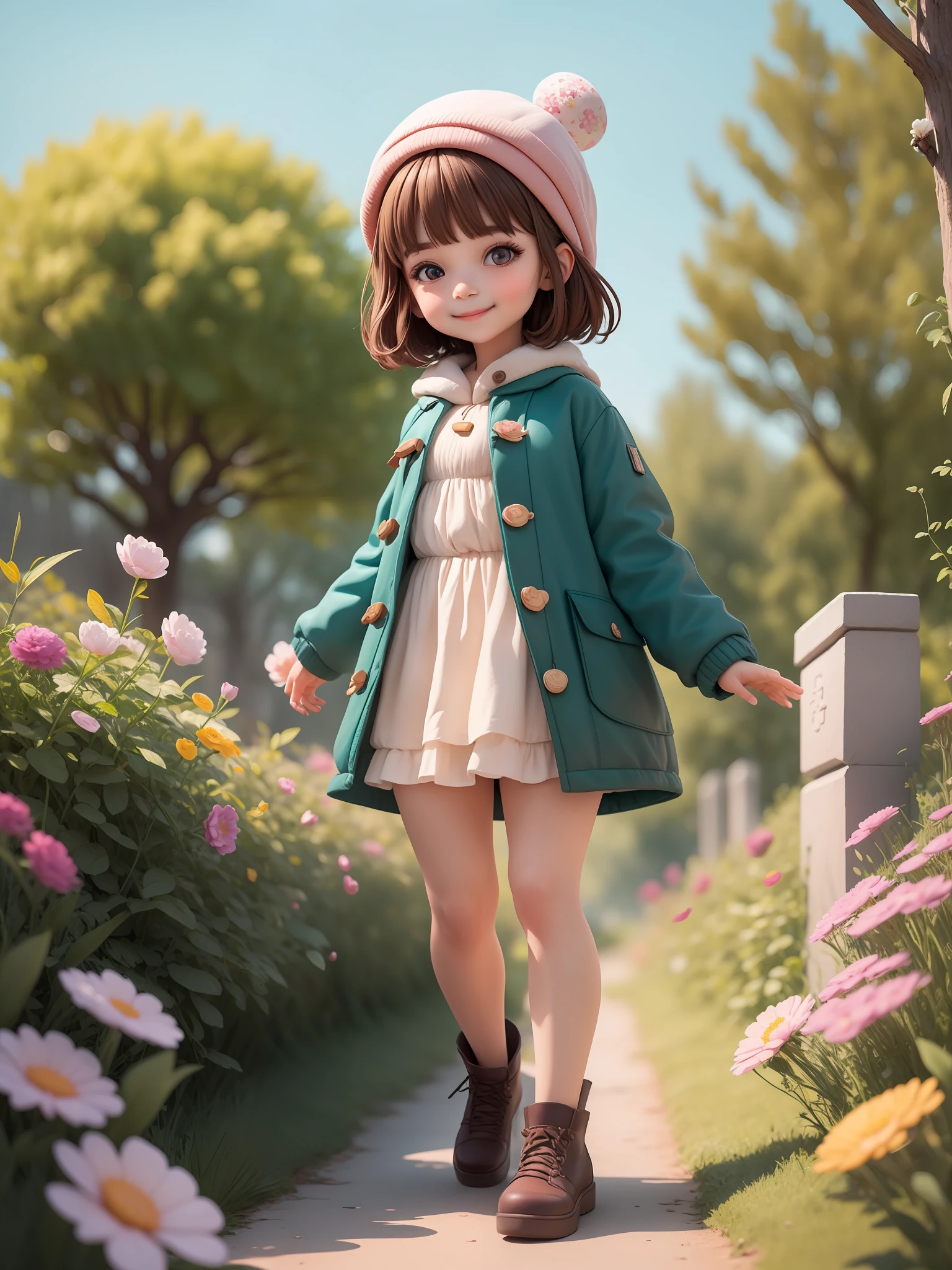 (Masterpiece), (Excellent), (Ultra Detailed), (Full Body: 1.2), 1girl, Cute, Smile, Flower, Outdoor, Berets, Coat, Blush, Tree: 2, Shirt, Short Hair, Garden, Headgear, Misty, Brown Hair, Blush Sticker, Long Sleeves, Bangs, Black Hair, Flowers, (Beautiful and Delicate Face), (Beautiful and Delicate Eyes), Yangguan Full