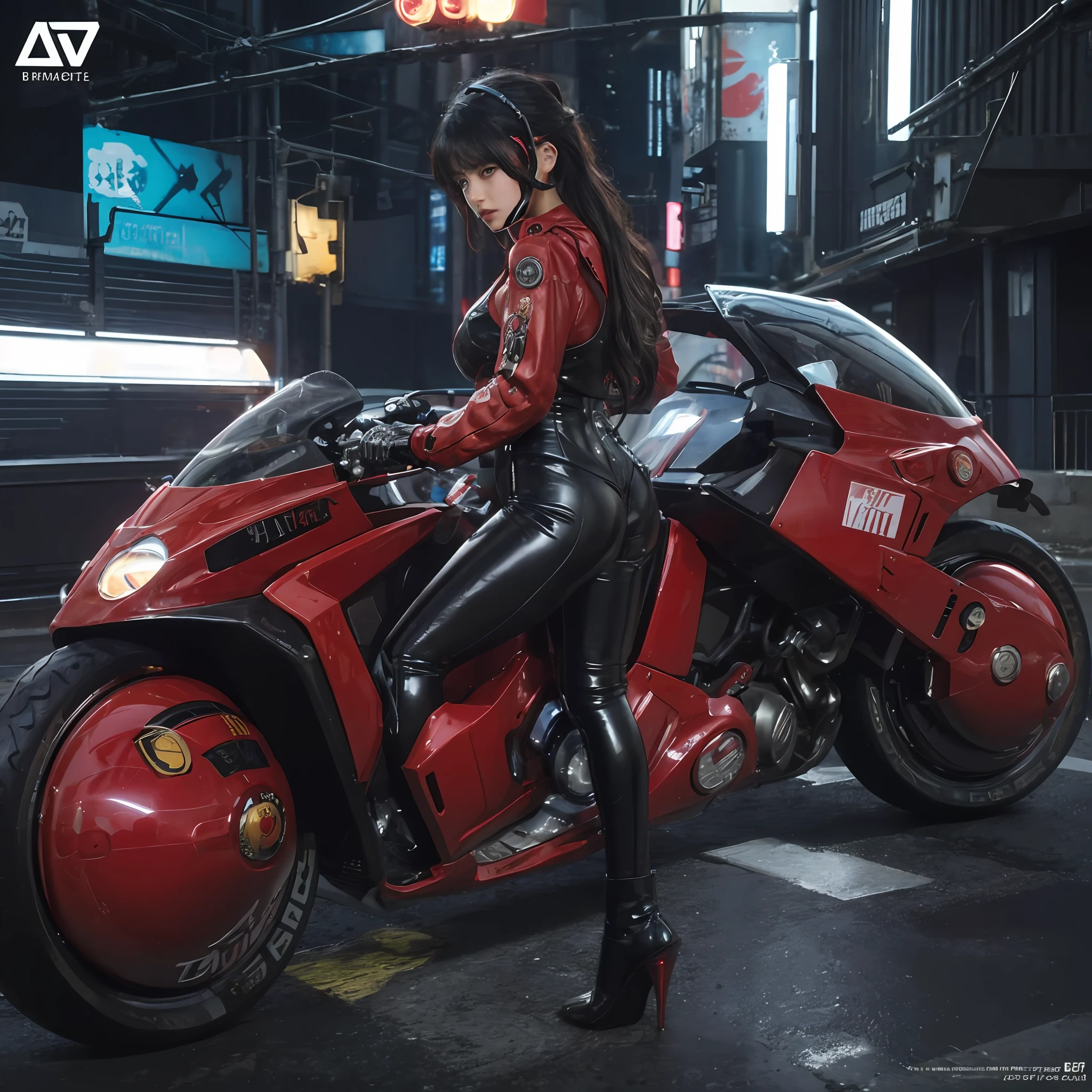 Official Art, Unity 8k wallpaper, ultra detail, beautiful aesthetic, masterpiece, best quality, realist, long hair, black hair, akira bike red, cycling, night, cyberpunk city view, spectacular screen, best quality, masterpiece, ultra high resolution, (photorealistic: 1.4), raw photo, one girl straddling futuristic red akira motorcycle and behind the wheel, black hair, shiny skin, 1. Mechanical Girl, (((Ultra-realistic detail)), Portrait, Global Illumination, Shadows, Octane Rendering, 8K, Ultra Sharp, Big, Cleavage Exposed Raw Skin, Metal, Intricate Ornaments Details, Headset, Hydraulic Cylinder, Very Intricate Details, Realistic Light, CGSoation Trend, Purple Eyes, Shining Eyes, Facing the camera, neon details, mechanical limbs, blood vessels connected to tubes, mechanical vertebrae attached to the back, mechanical cervical attachment to the neck, sitting, wires and cables connecting to the head, evangelion, cyberpunk, small LED lamp, the background is a futuristic cylinder-shaped space city inside the colony,