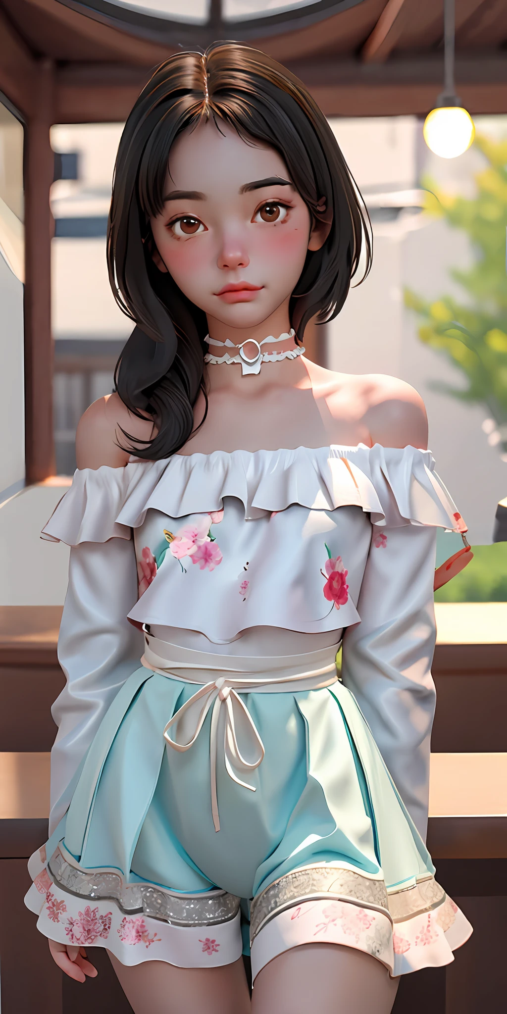 (best quality, masterpiece), 1girl, intricate details, off shoulder, skirt, choker, frills, see-through, looking at viewer, blush, upper body, blurry background, floral print, contrapposto, nudity.