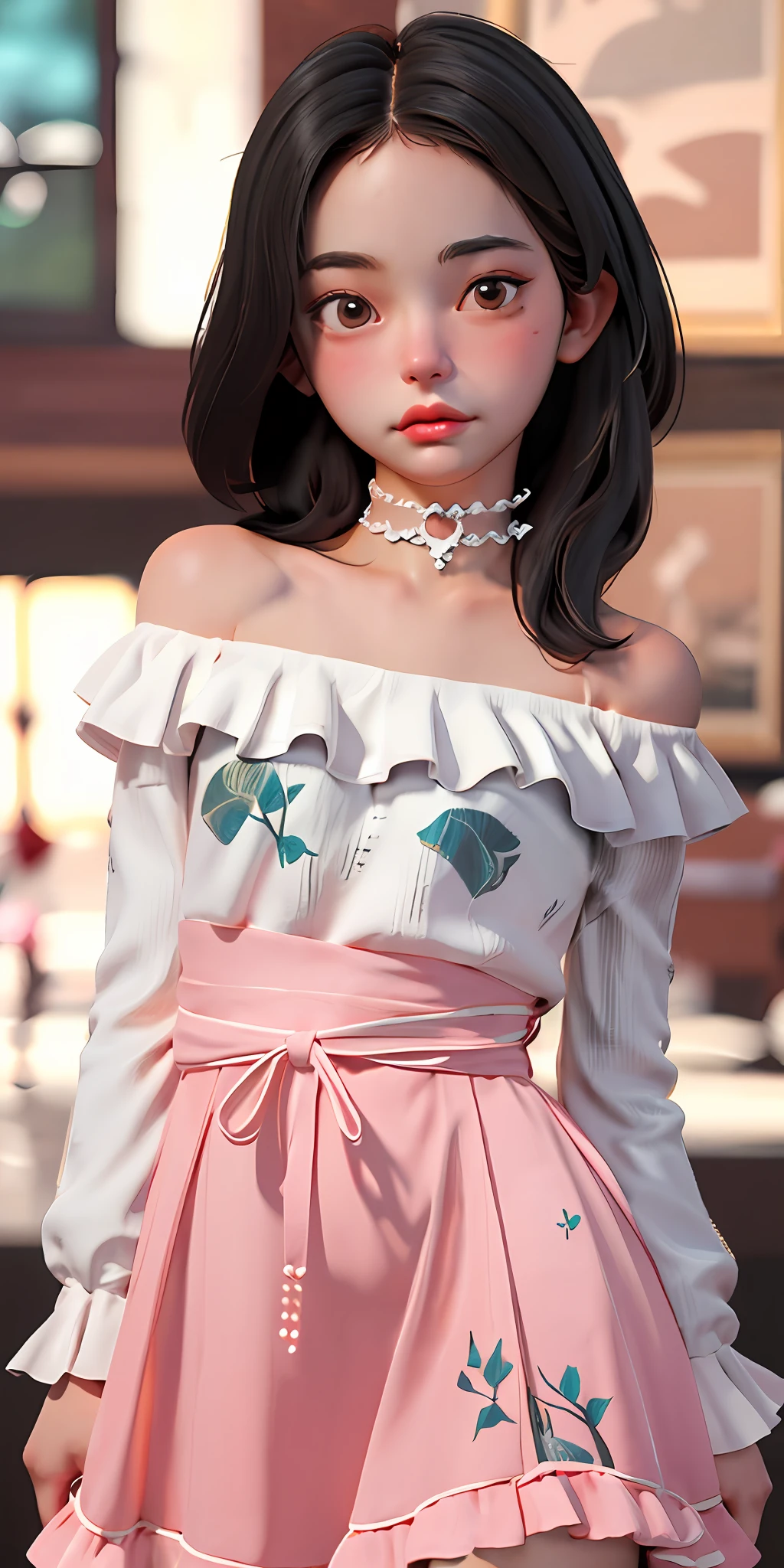 (best quality, masterpiece), 1girl, intricate details, off shoulder, skirt, choker, frills, see-through, looking at viewer, blush, upper body, blurry background, floral print, contrapposto, nudity.