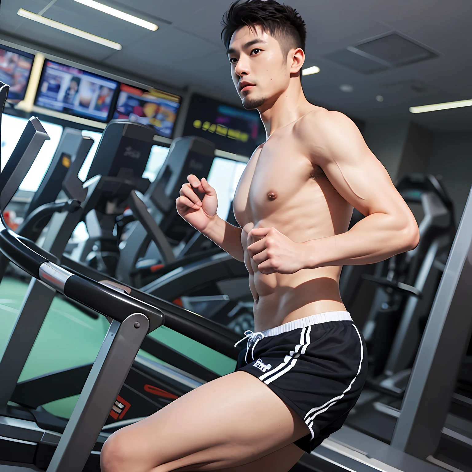 Best quality, Asian man, jogging on treadmill, buttocks, topless, tight shorts, big bulge.