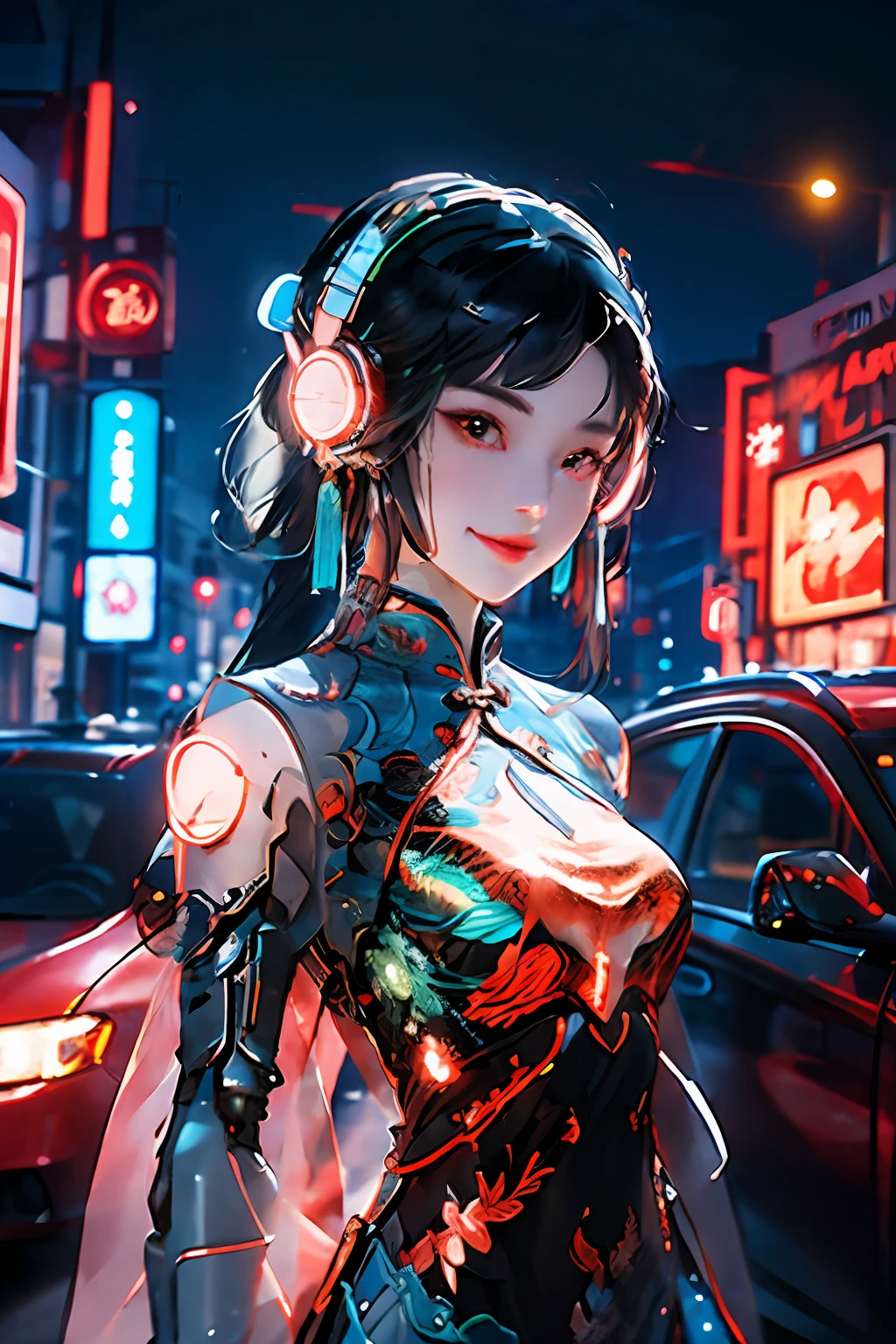 1 girl, Chinese_clothes, white and orange, cyberhan, cheongsam, cyberpunk city, dynamic pose, glowing headphones, glowing hair accessories, long hair, glowing earrings, glowing necklace, cyberpunk, high-tech city, full of mechanical and futuristic elements, futuristic, technology, glowing neon, orange, orange light, transparent tulle, transparent streamers, laser, digital background urban sky, big moon, with vehicles, best quality, masterpiece, 8K, character edge light, super high detail, High quality, the most beautiful woman in man, smiling slightly