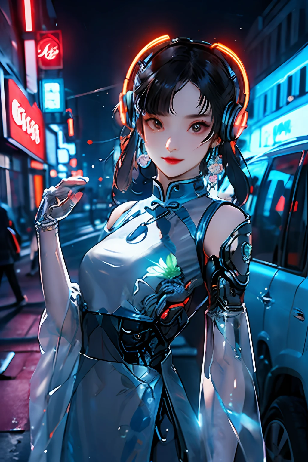 1 girl, Chinese_clothes, white and orange, cyberhan, cheongsam, cyberpunk city, dynamic pose, glowing headphones, glowing hair accessories, long hair, glowing earrings, glowing necklace, cyberpunk, high-tech city, full of mechanical and futuristic elements, futuristic, technology, glowing neon, orange, orange light, transparent tulle, transparent streamers, laser, digital background urban sky, big moon, with vehicles, best quality, masterpiece, 8K, character edge light, super high detail, High quality, the most beautiful woman in man, smiling slightly