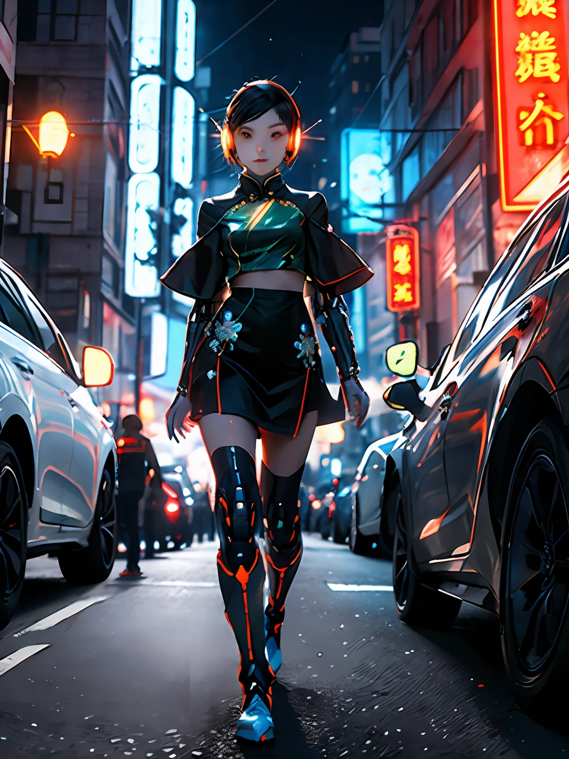 1 girl, Chinese_clothes, metallic black titanium and orange, cyberhan, cheongsam, cyberpunk city, dynamic pose, detailed luminous headphones, glowing hair accessories, long hair, luminous earrings, glowing necklace, cyberpunk, high-tech city, full of mechanical and futuristic elements, futurism, technology, glowing neon, orange, orange light, fluorescent orange, skirt, cape, coat, laser, digital background, urban sky, big moon, with vehicle, best quality, masterpiece, 8K, Character edge light, super high detail, high quality, the most beautiful woman in human beings, slight smile, face facing front left and right symmetry, ear decoration, beautiful pupils, light effects, visual data, pick and dye orange, dye hair, super detail facial texture, happy and proud, weapon system, mecha style, crowded street passers-by, full body in camera, infinite zoom, super light and shadow, various poses, long hair flowing, glowing boots