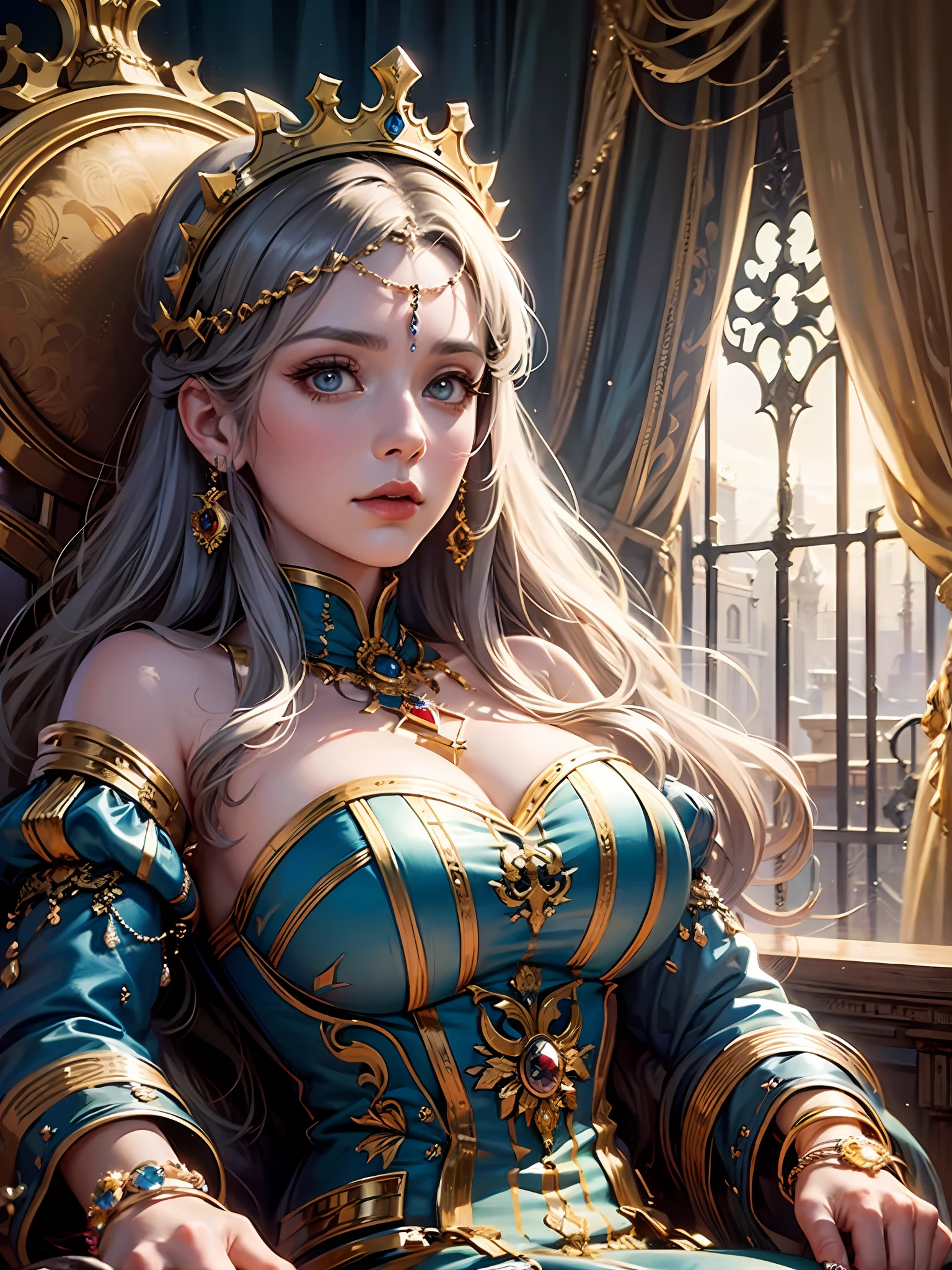 best quality,masterpiece, detailed,intricate details,photorealistic, cinematic lighting,(fantasy art:1.6), (seiza:1.1), (frontal:1.2), upright,royal, majestic, queen, empress,(Huge and magnificent seats:1.4), crown, Frontal close-up, solemnity, throne, upright posture, seriousness, dignity, gaze fixed forward, contemplation, weighty matter, scepter, jewels, solo,medieval castle, velvet carpet, god rays,1 woman,